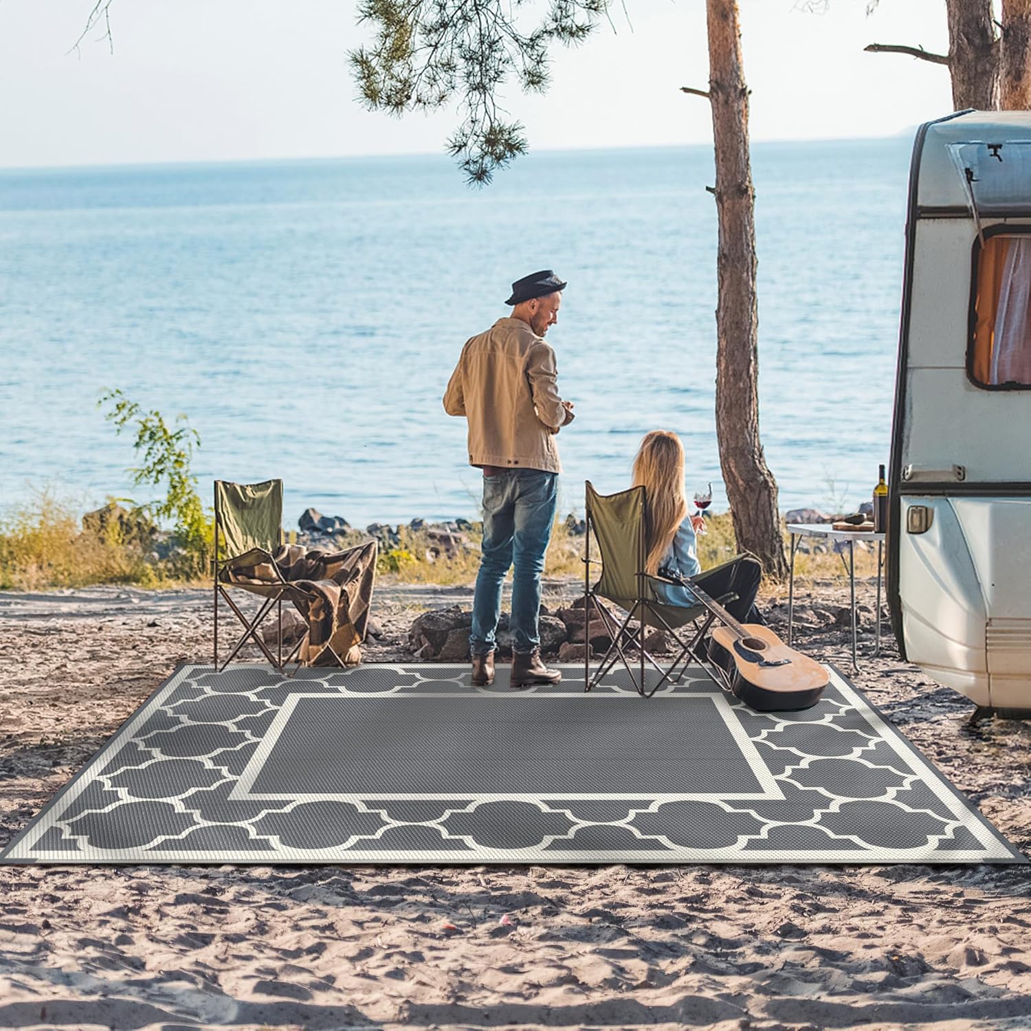 GENIMO 6' x 9' Outdoor Rug Waterproof for Patio Decor, Foldable Reversible Plastic Straw Area Rugs Mat for Camper, Outside Carpet for Rv, Deck, Porch, Picnic, Beach, Balcony, Grey & Beige White