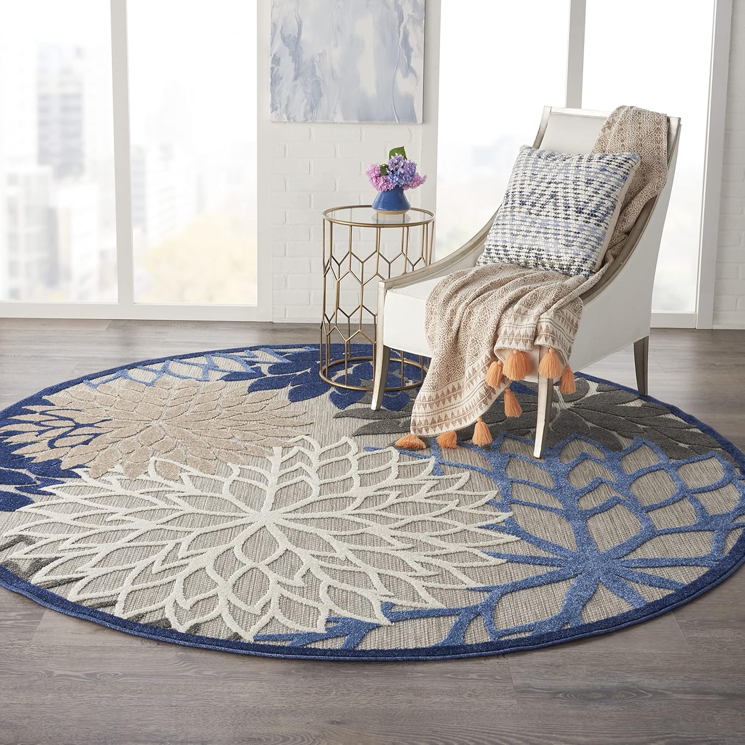 Nourison Aloha Indoor/Outdoor Blue/Multicolor 7'10" x Round Area Rug, Tropical, Botanical, Easy Cleaning, Non Shedding, Bed Room, Living Room, Dining Room, Deck, Backyard, Patio (8 Round)