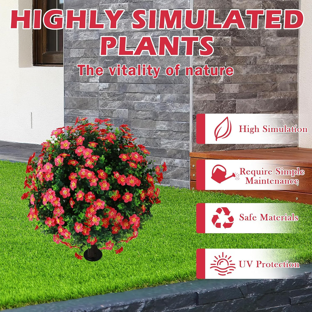 Sunnyglade Set of 2 Artificial Boxwood Topiary Ball Trees with Red Flower, Faux Shrub Bushes with Ground Spike 25.5", UV Resistant Fake Boxwood Plants for Indoor, Garden, Porch, Patio Decor (Red)