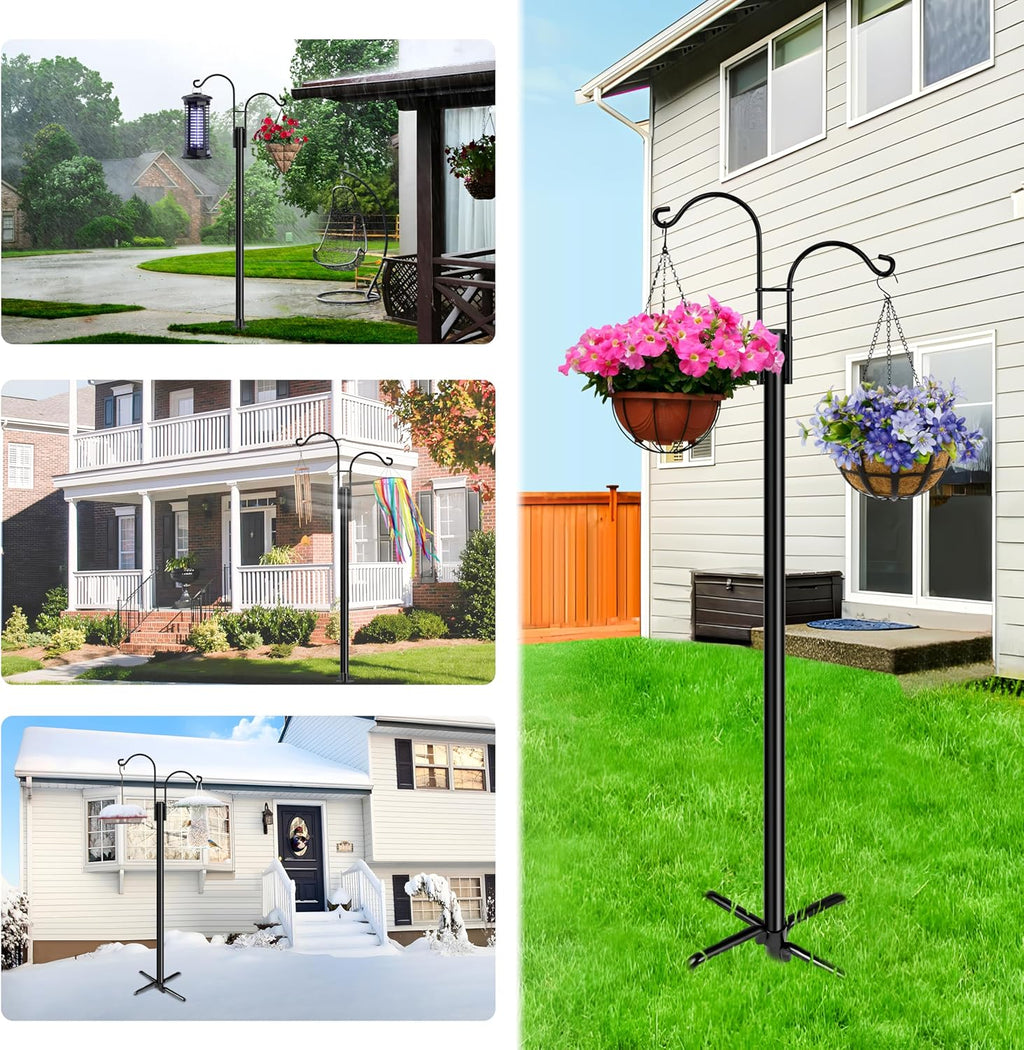 XDW-GIFTS Double Shepherds Hooks for Outdoor, 2-Pack Heavy Duty Garden Pole for Hanging Bird Feeder, Plant Baskets, Solar Light Lanterns, Garden Plant Hanger Stands with 5 Base Prongs
