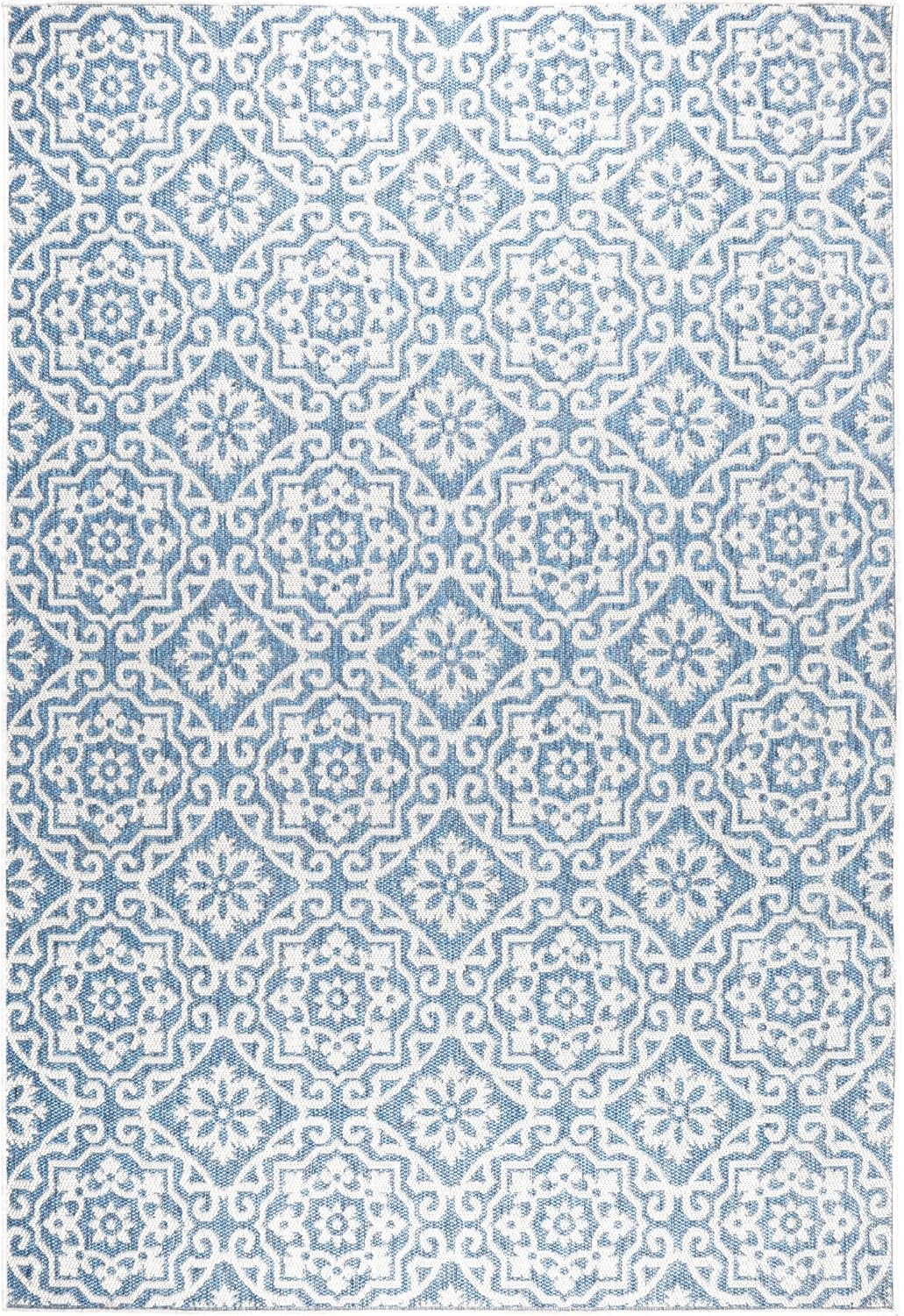Nicole Miller New York Patio Country Julia Transitional Geometric Indoor/Outdoor Area Rug, Blue/Grey, 7'9"x10'2"