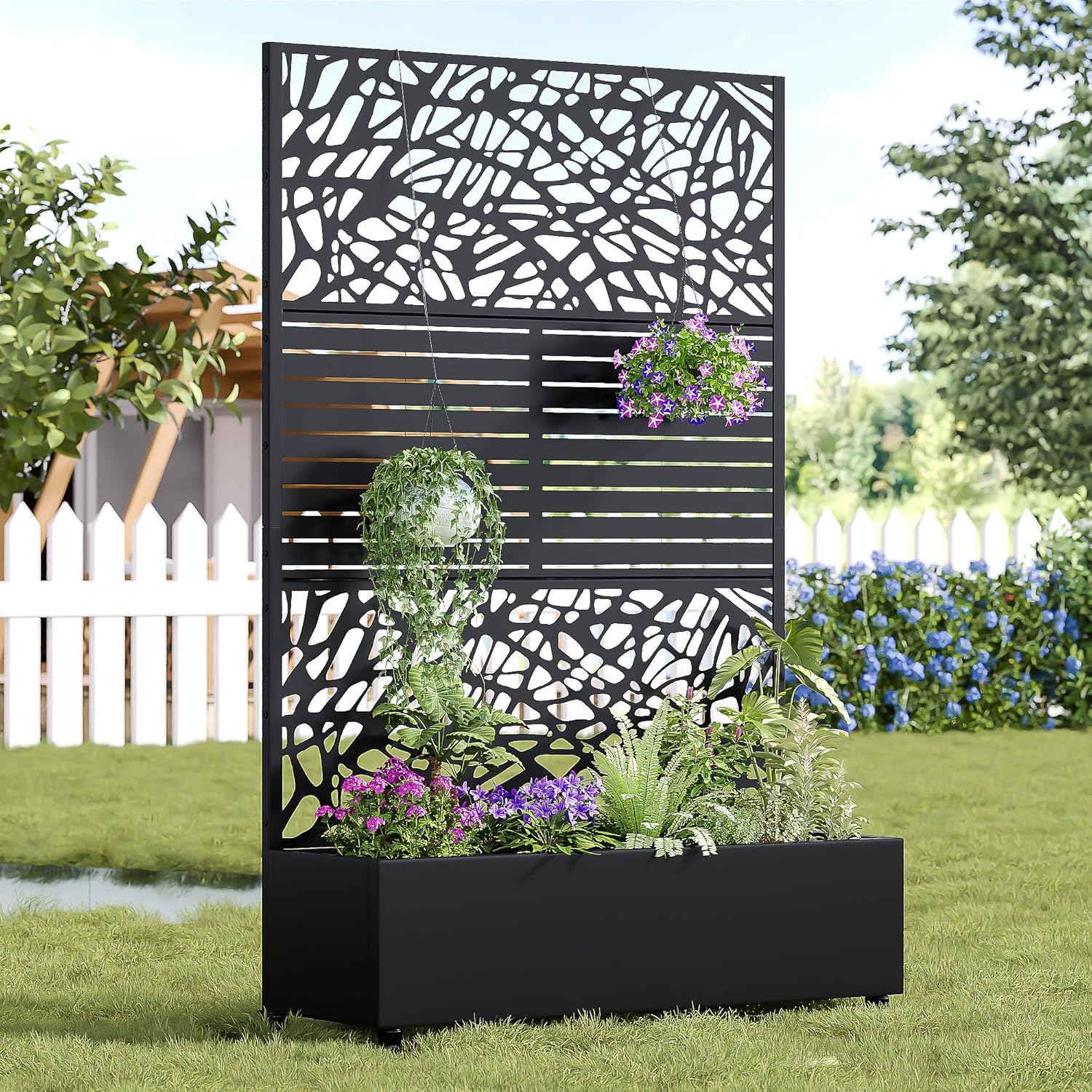 Casaphoria Metal Raised Garden Bed with Trellis and Wheels, 72"x47"x16" Arched Planter Box for Climbing Plants, Vegetables & Vines, Features Drainage Holes and Privacy Screen (Black-Helen&Net)