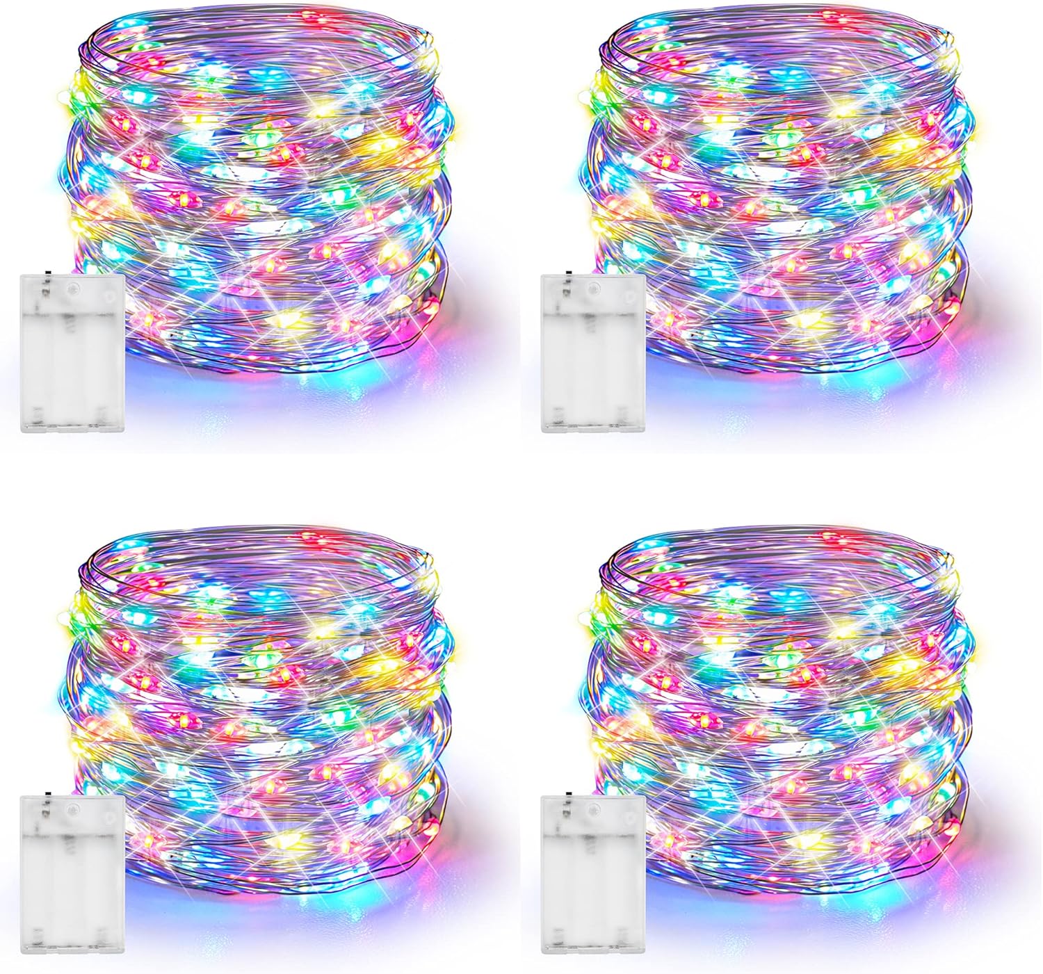 Dazzle Bright Fairy Lights Battery Operated, 4 Pack Total 80FT 240LED Silver Wire Waterproof String Lights, Christmas Decorations for Indoor Outdoor Bedroom Yard Decor, Multi-Colored