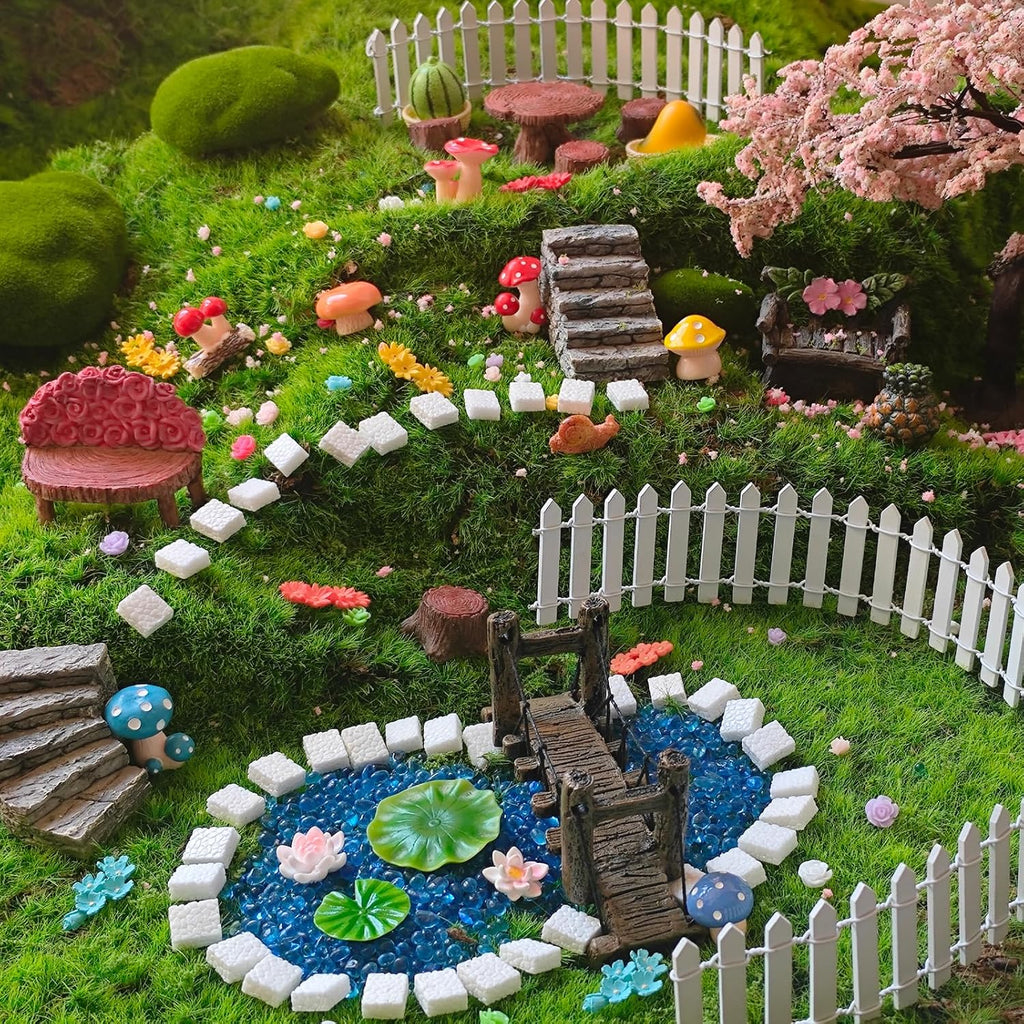 Kai Dream Fairy Garden Accessories, Fairy Garden Kit, 118 Pieces of Miniature Decor: Mushrooms, Bridge, Steps, Moss, Furniture Figurines, Fake Fence, Flowers, and Blue Crystal Gravel