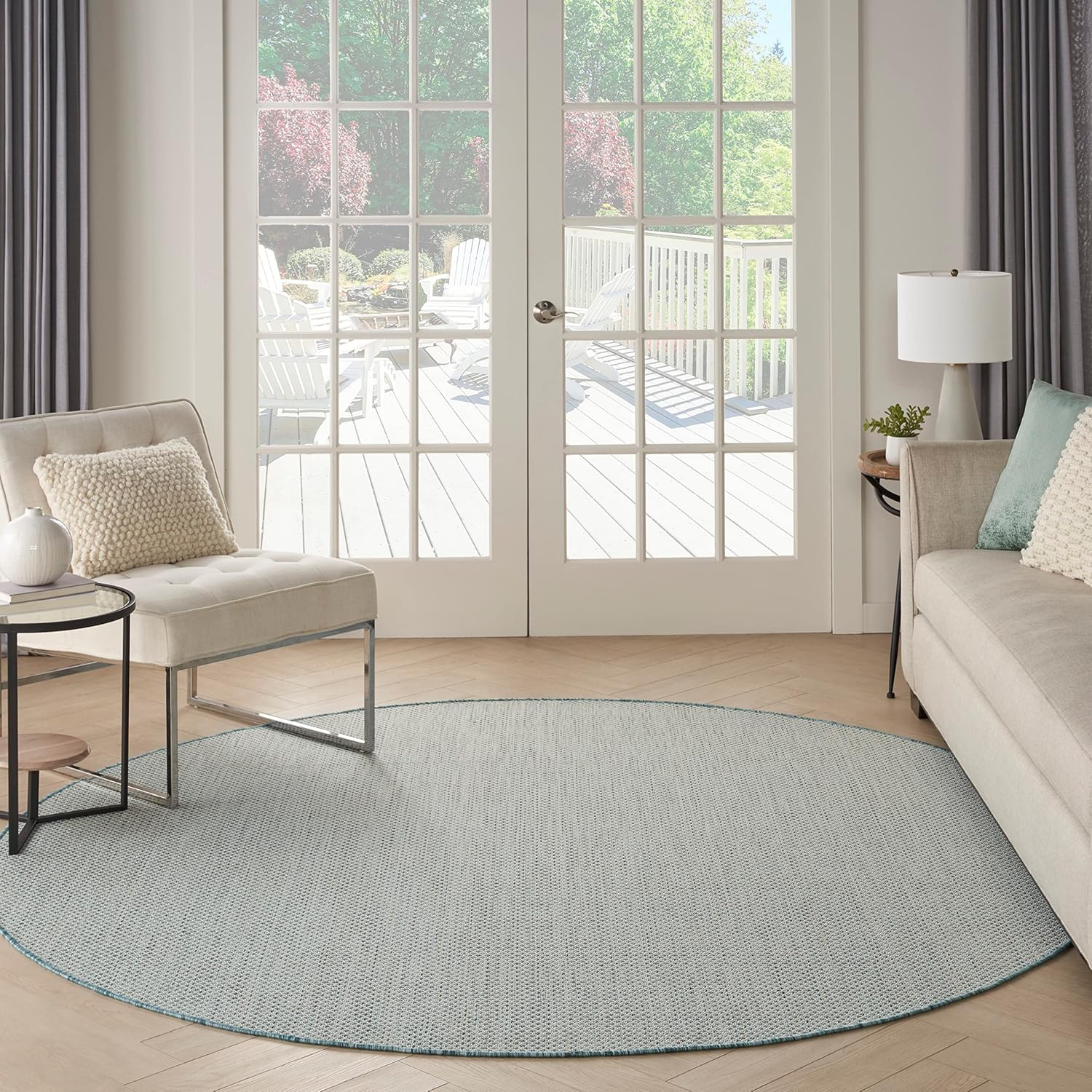 Nourison Home Courtyard 8' x Round Ivory Aqua Fabric Modern Area Rug (8' Round)