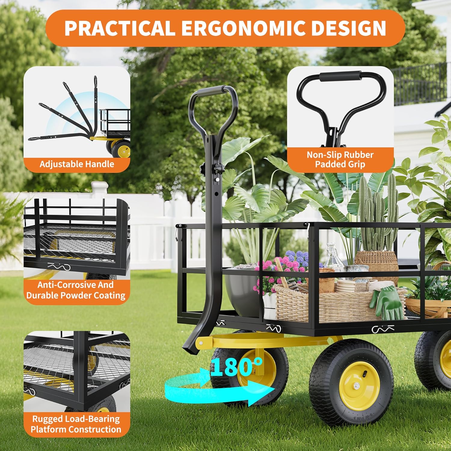 3-in-1 Heavy-Duty Steel Garden Cart, 1200 Lbs Garden Wagon, with 13 Inch All-Terrain Tires and Removable Mesh Side Panels, 180° Rotating Handle, Metal Utility Yard Trailer, Outdoor Gardens Wagon Cart