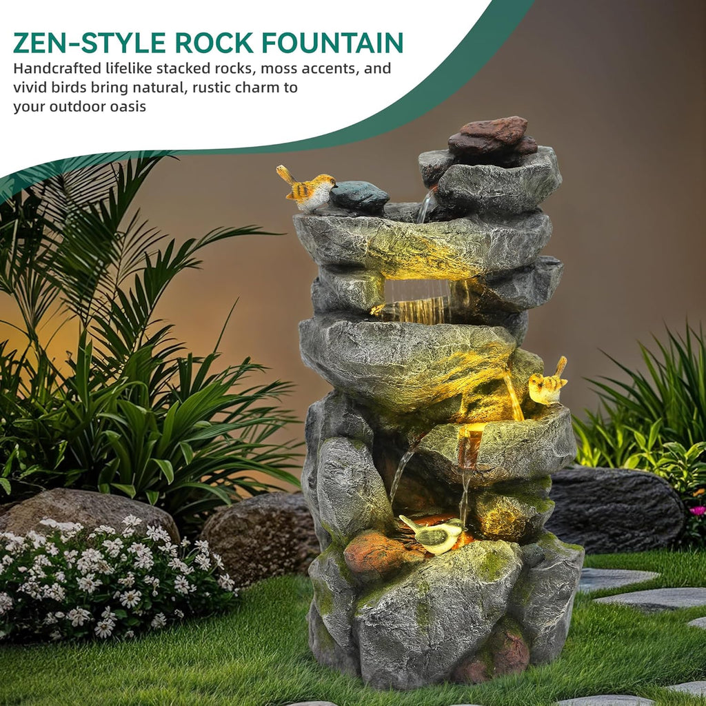 31.5" H Multi-Tier Rock Outdoor Water Fountain with LED Lights and Pump, Garden Fountain Waterfall for Patio, Porch, or Yard
