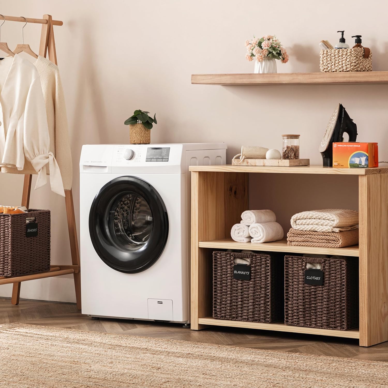 UBBCARE 4 Pack Wicker Basket, 10.5×10.5 Storage Cubes with Label, Foldable Cube Storage Bin with Handle, Square Storage Basket for Shelves, Woven Paper Rope Basket for Organizing, Brown