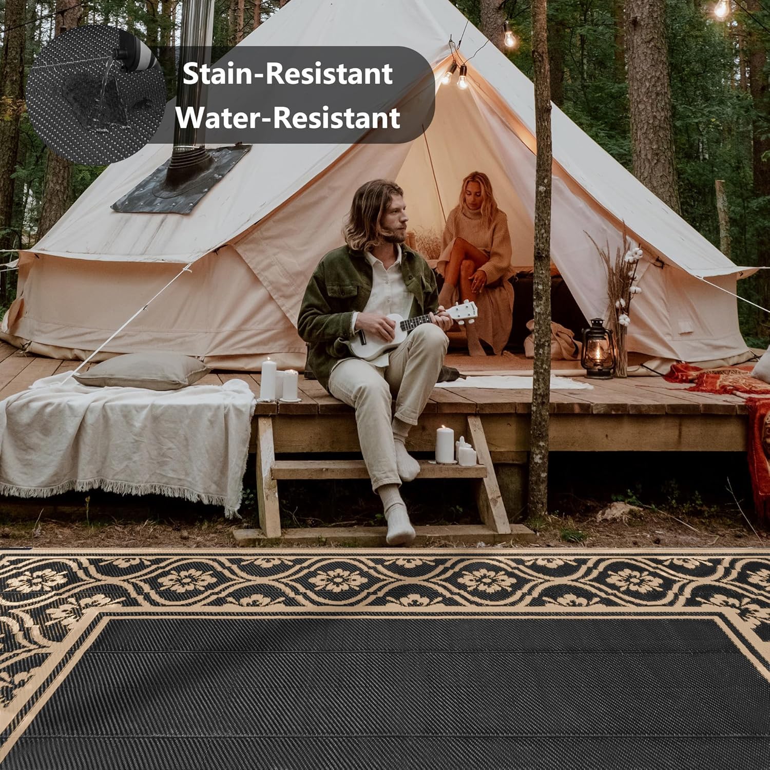 Outdoor Rug 9x12 Patio Waterproof Mat Camping Carpet Outside Area Rug Reversible Brown Rugs for RV Deck Entryance Porch Picnic Balcony Beach