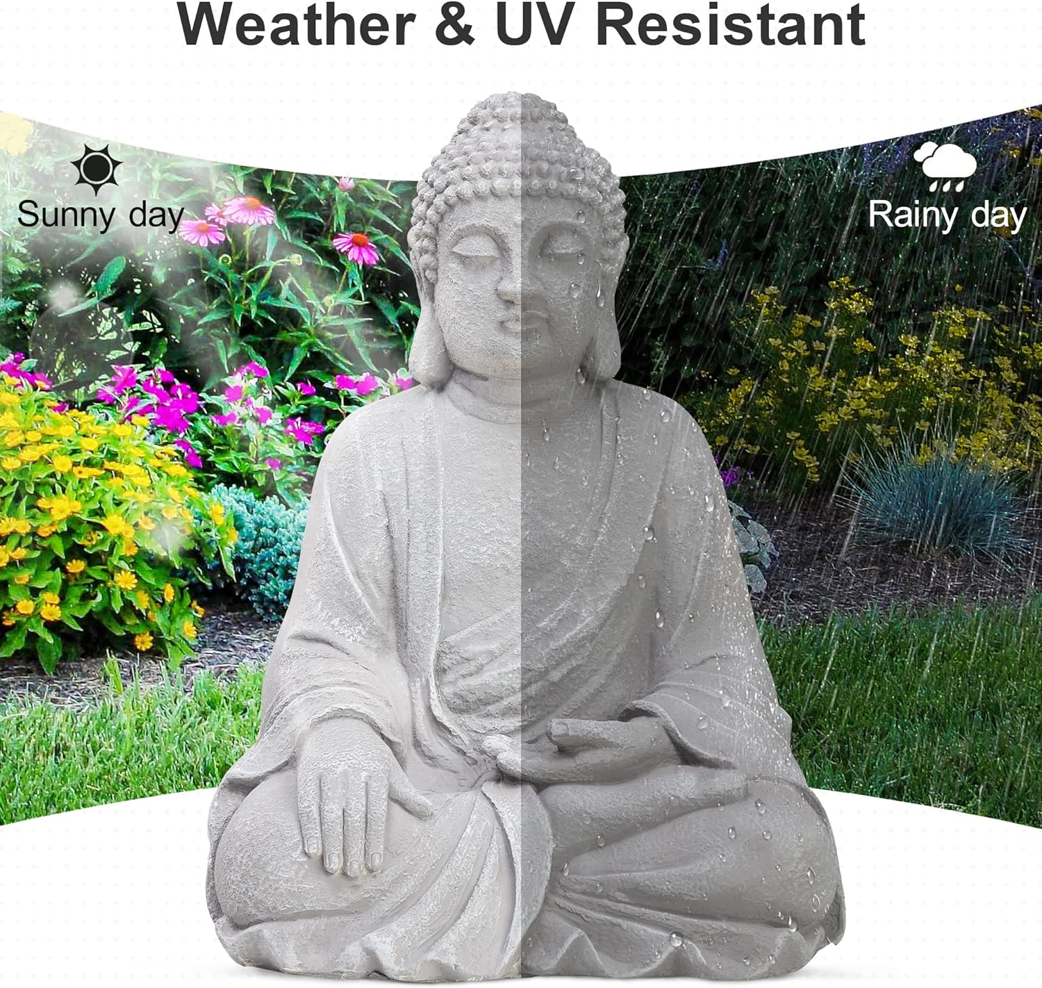 TOETOL Large Buddha Statue Outdoor Zen Decor Medium 20” High Yard Decor Magnesium Oxide Stone Grey for Yard Garden Patio Deck Home