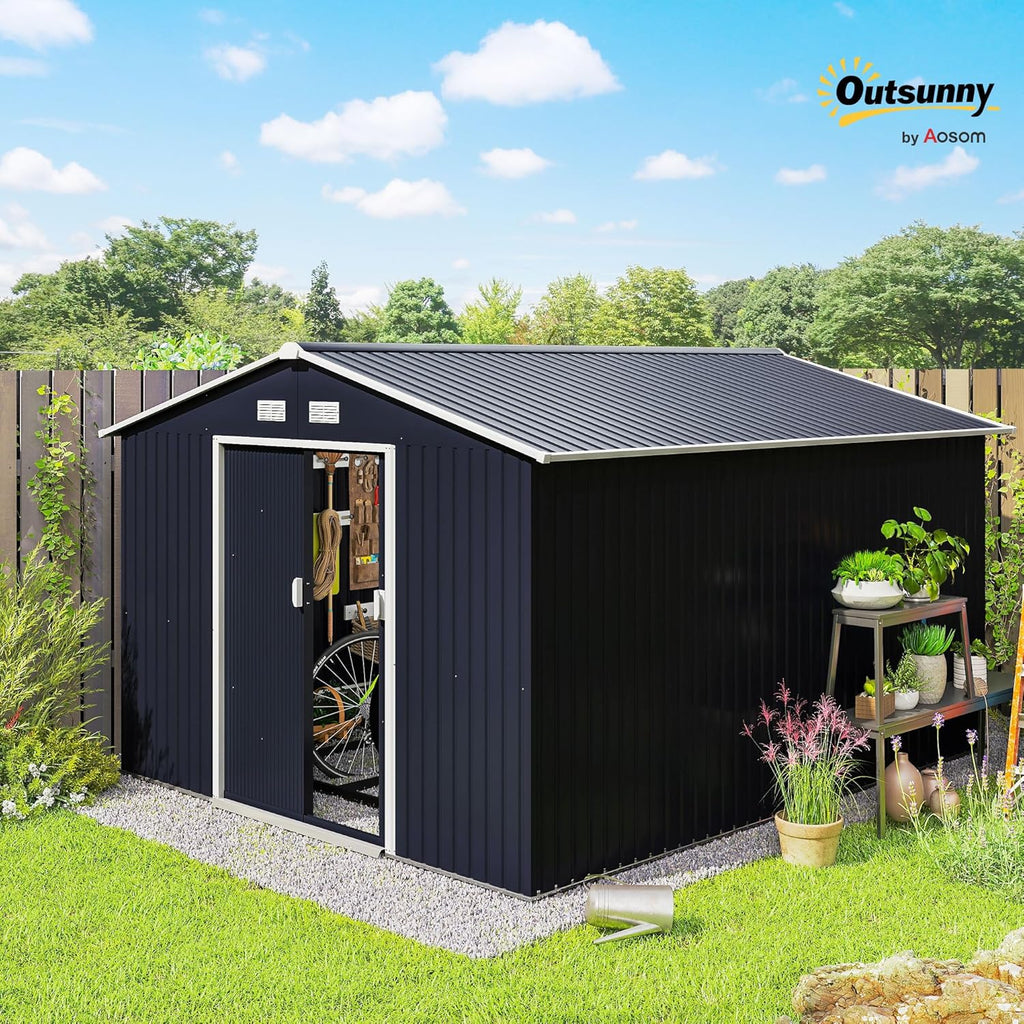 Outsunny 11' x 9' Outdoor Storage Shed, Garden Tool Metal Shed with Foundation Kit, Double Lockable Door, Air Vents and Sloping Roof, for Backyard, Patio, Lawn, Dark Gray