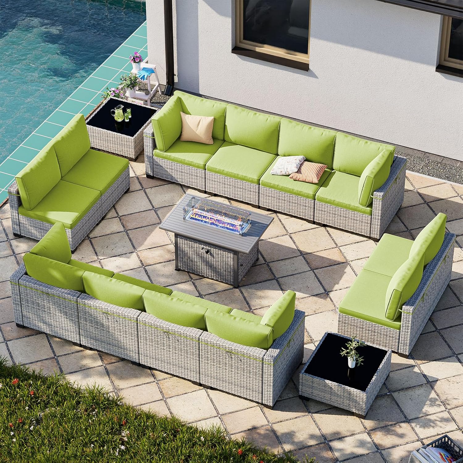 15-Piece Patio Furniture Set, Outdoor Patio Furniture with 55,000 BTU Fire Pit Table, Thick Cushions, Modular Patio Sofa, Dual-Strand Wicker Rattan, Rust-Resistant Frame, Grass Green