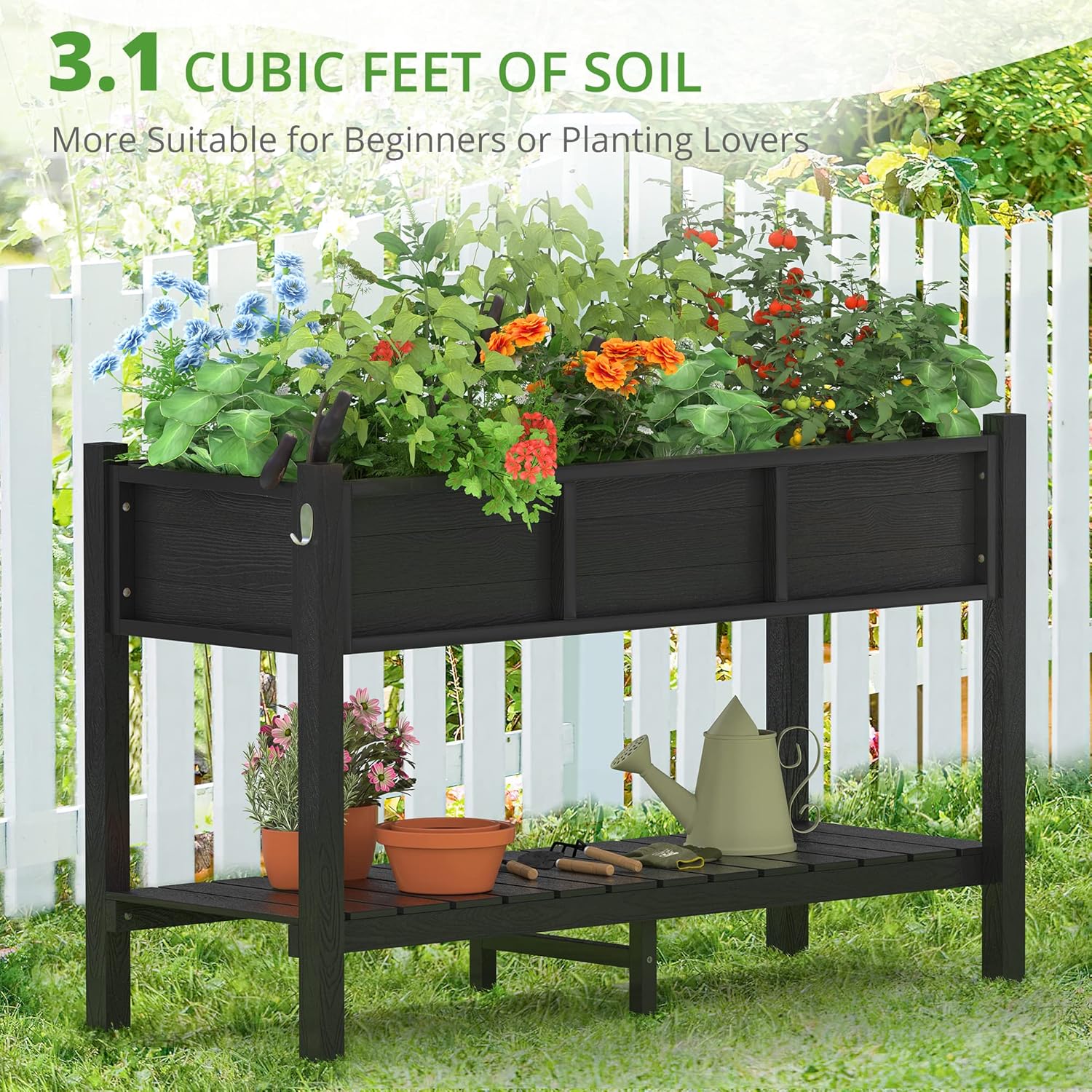 LUE BONA Raised Garden Bed with Tools, 47*18*29 in, Poly Elevated Planter Box with Legs And Storage Shelf, Weather Resistant, 3-Year Warranty, Standing Growing Bed Herb Planter for Vegetable, Black