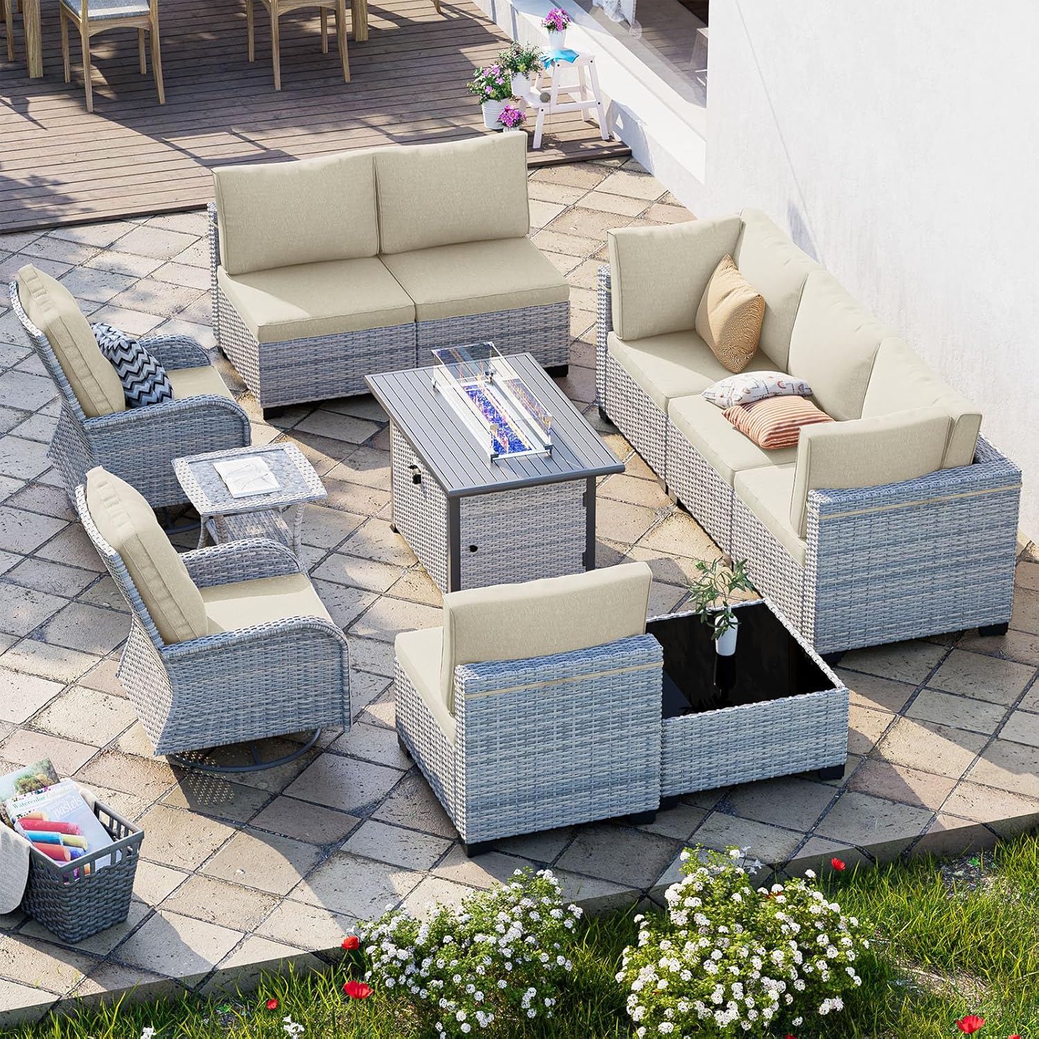 11-Piece Patio Furniture Set, Outdoor Patio Furniture with 55,000 BTU Fire Pit Table, Swivel Chairs Set, Thick Cushions, Modular Patio Sofa, Dual-Strand Wicker Rattan, Rust-Resistant Frame, Ivory