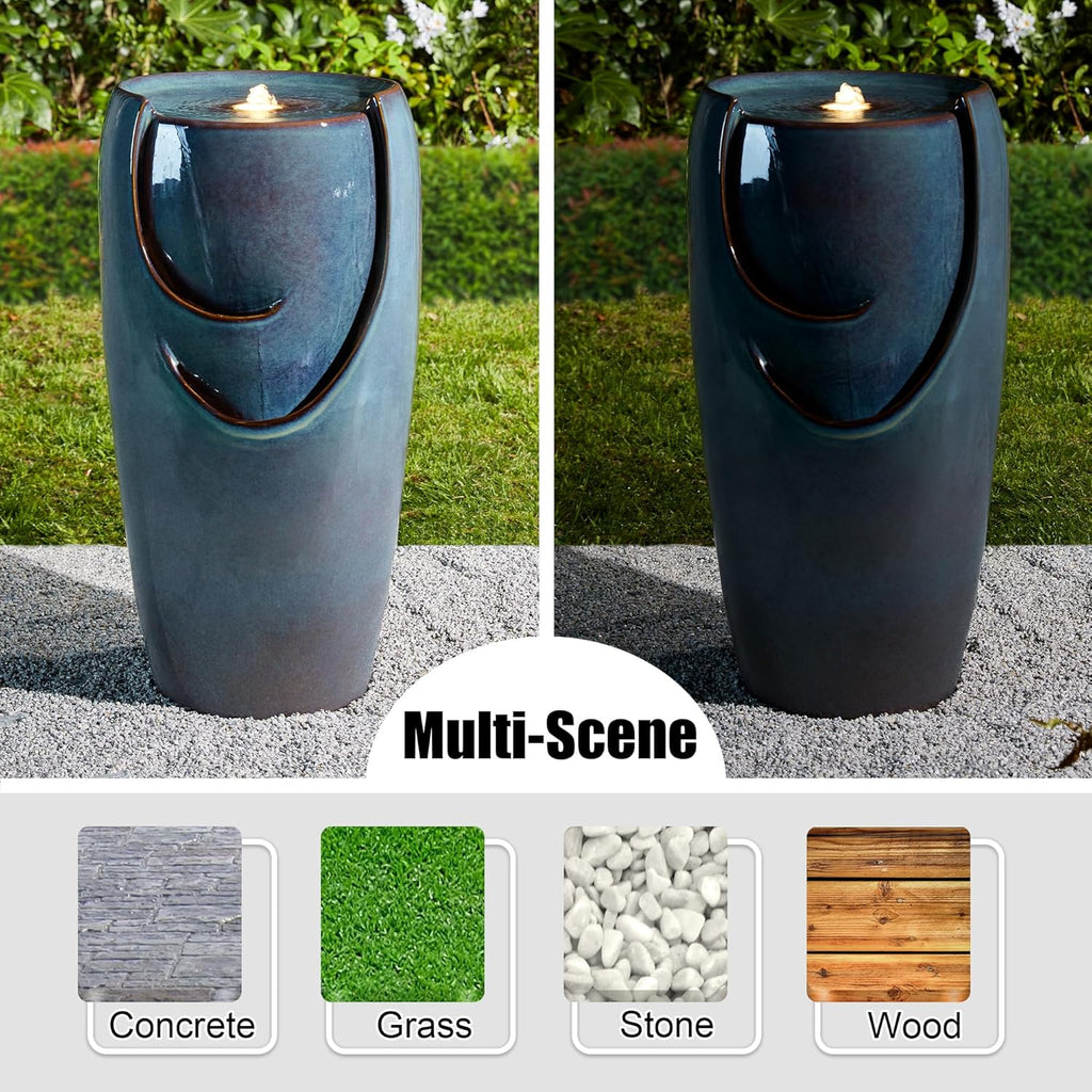 Glitzhome 29.25" H Oversized Ceramic Vase Outdoor Water Fountain Tall Patio Garden Water Fountain with LED Light and Submersible Pump Yard Art Decor, Turquoise