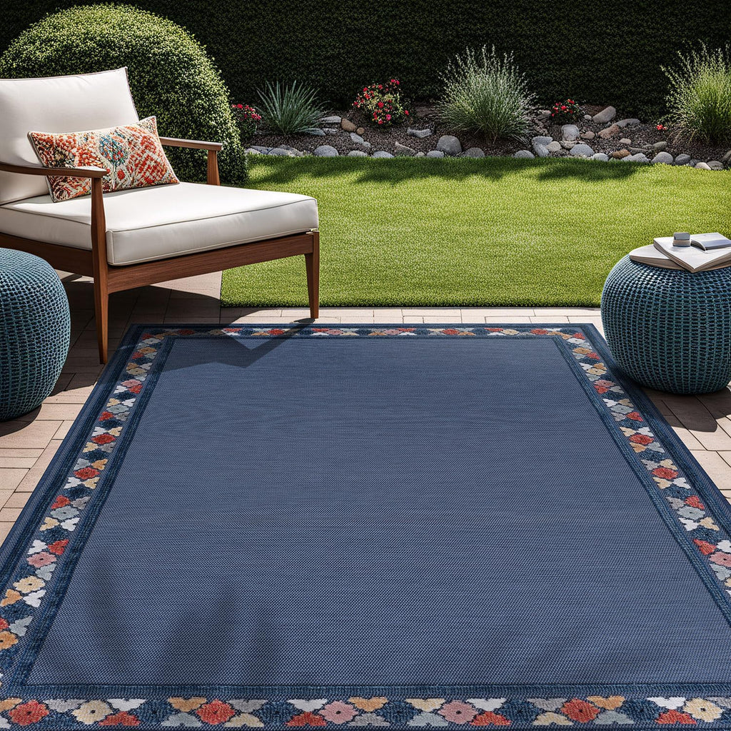 Beverly Rug Outdoor Rug 8x10 Modern Bordered Area Rugs for Indoor and Outdoor Patio Easy to Clean Non Shedding Living Room Porch Garden Washable Outside Carpet (8 x 10 Blue)