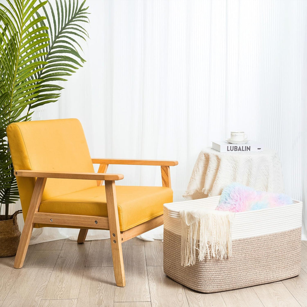 MINTWOOD Design 22in Extra Large Blanket Basket Holder Living Room, Rectangle Rope Woven Storage Basket with Handles for Laundry, Pool Towels, and Shoes, Dog Toy Organizer Bin Box, Light Brown
