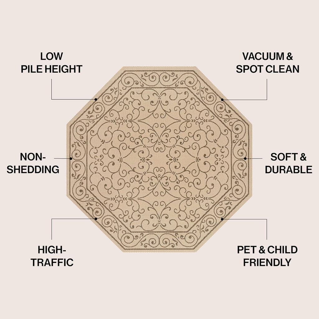 JONATHAN Y SMB106A-5TGN Charleston Vintage Filigree Textured Weave Beige/Brown 5' Octagon Indoor/Outdoor Area Rug, Non-Shedding, Stain Resistant,Fade Resistant, Easy-Cleaning for Backyard Patio, Porch