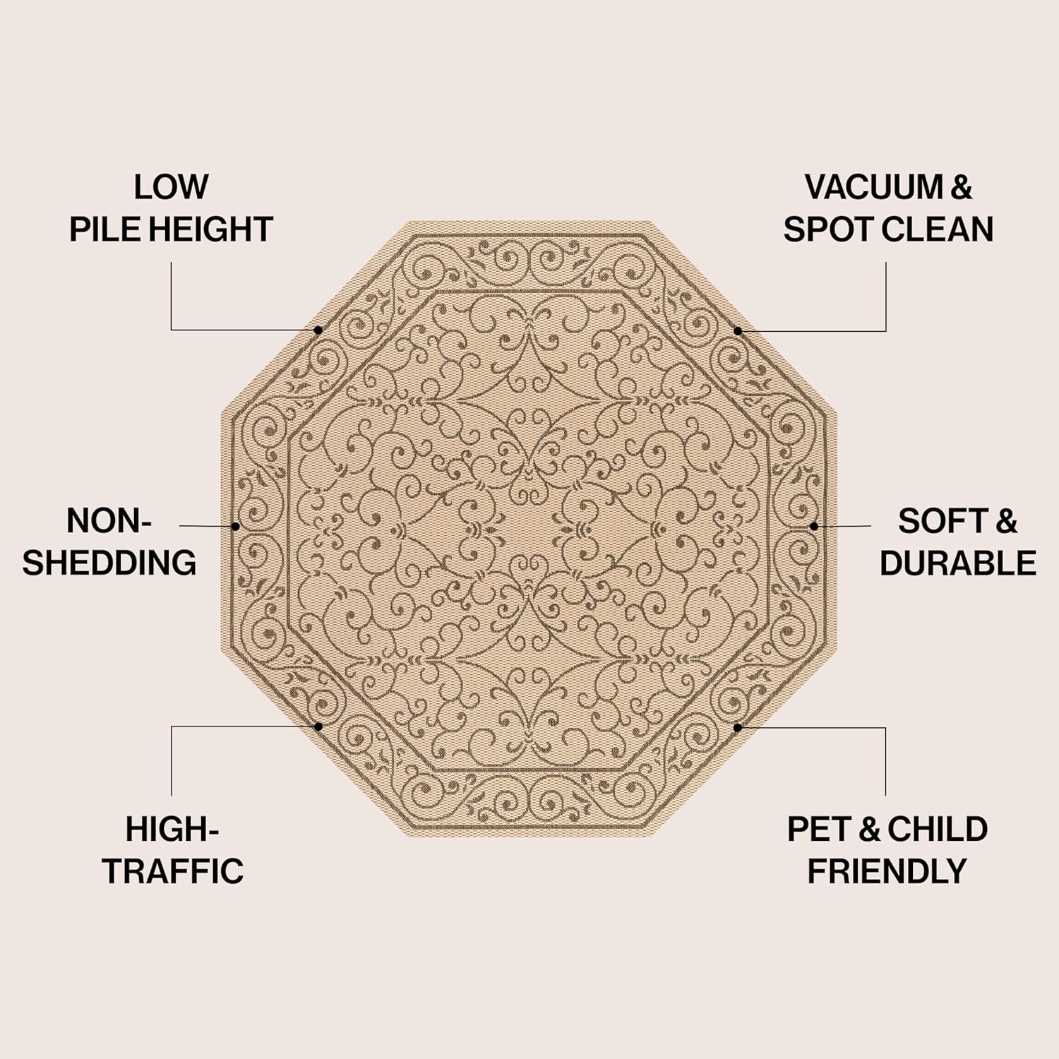 JONATHAN Y SMB106A-5TGN Charleston Vintage Filigree Textured Weave Beige/Brown 5' Octagon Indoor/Outdoor Area Rug, Non-Shedding, Stain Resistant,Fade Resistant, Easy-Cleaning for Backyard Patio, Porch