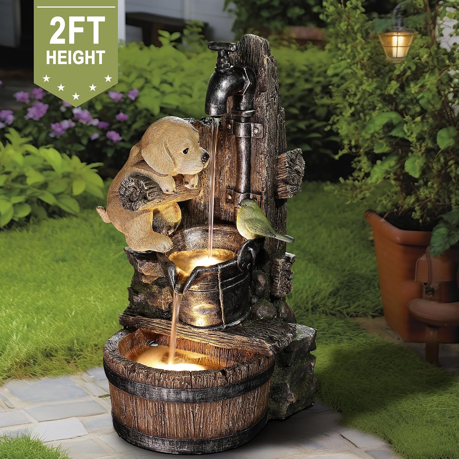 LuxenHome Water Fountain Outdoor, 25" Whimsical Puppy Dog Resin Outdoor Water Fountain with LED Lights, Decorative Garden Waterfall Fountains Indoor and Outdoor for Patio, Garden Decor