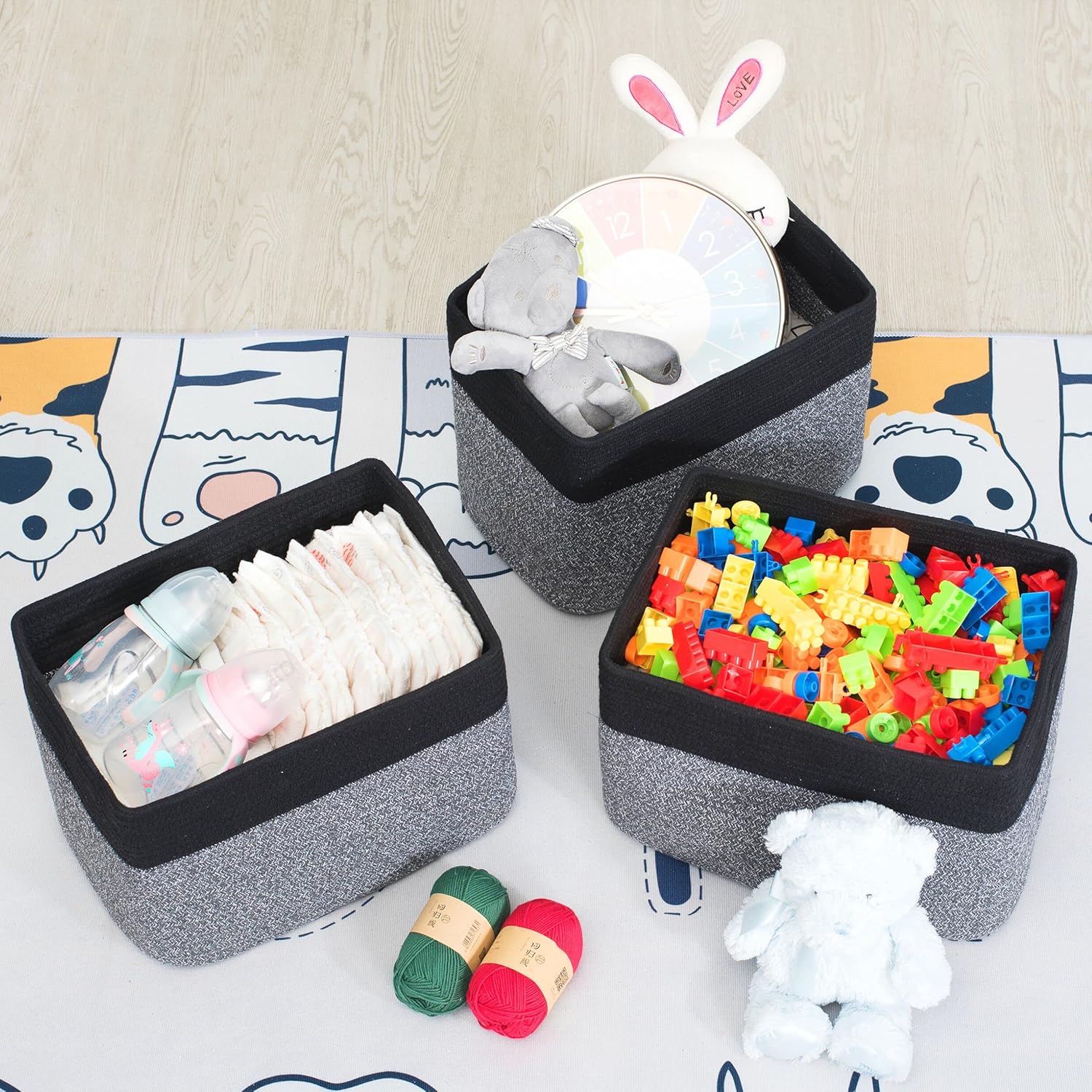 MINTWOOD Design Storage Basket for Shelves, Decorative Baskets for Organizing, Book Basket, Storage Cube Bin Box, Woven Closet Organizer, Pantry Closet and Shoe Basket, Black Grey Mix