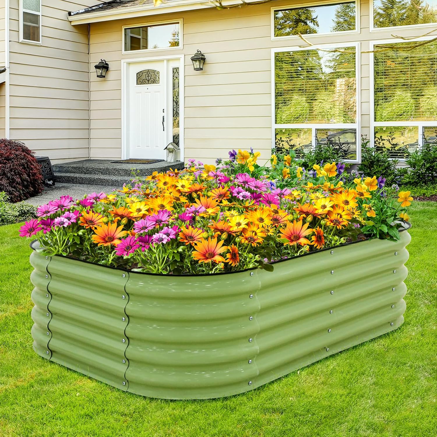 EAGLE PEAK 17'' Tall Outdoor Galvanized Raised Garden Bed Planter, Planter Boxes for Outdoor Plants, Vegetables, Flowers, and Herbs 6 in 1 Modular Design, Olive Green