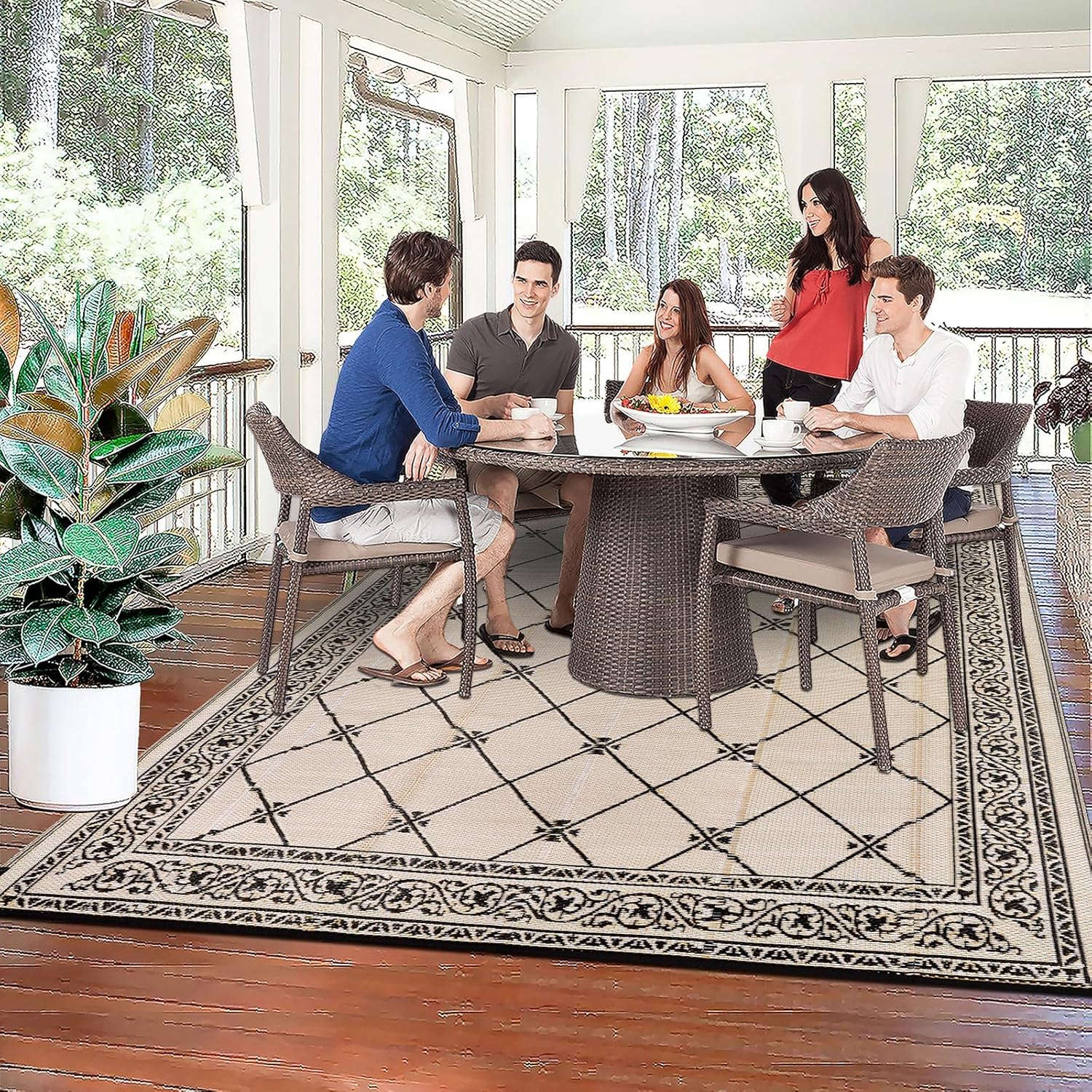 Outdoor Rug 8'x10' for Patios Waterproof Patio Rugs Outdoor Mats for Front Porch,Beach Mat,Reversible Plastic Straw Camping Rugs for Outside RV,Deck,Balcony,Backyard，Black&Beige