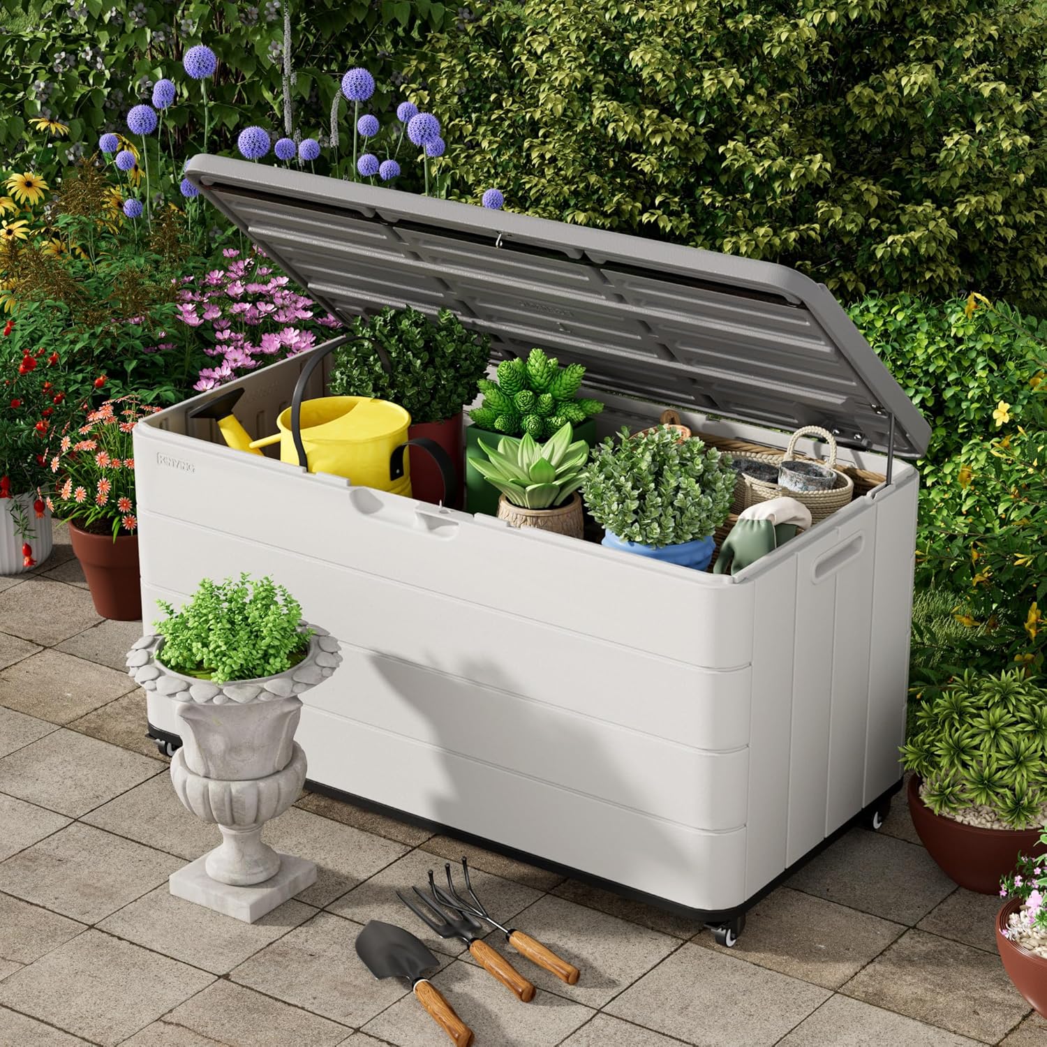 100GAL White Resin Deck Box with Wheels – Lockable, Waterproof, SGS-Tested UV Resistance, Spacious Outdoor Storage for Patio Cushions & Pool Gear, Easy Assembly