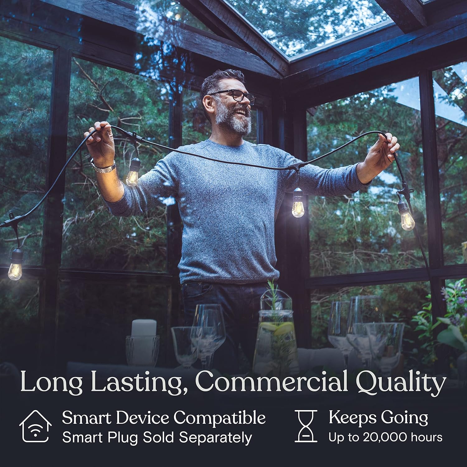 Brightech Ambience Pro - Waterproof LED Outdoor String Lights - 15 Hanging, Dimmable 2W Vintage Edison Bulbs - 48 Ft Commercial Grade Patio Lights Create Cafe Ambience in Your Backyard