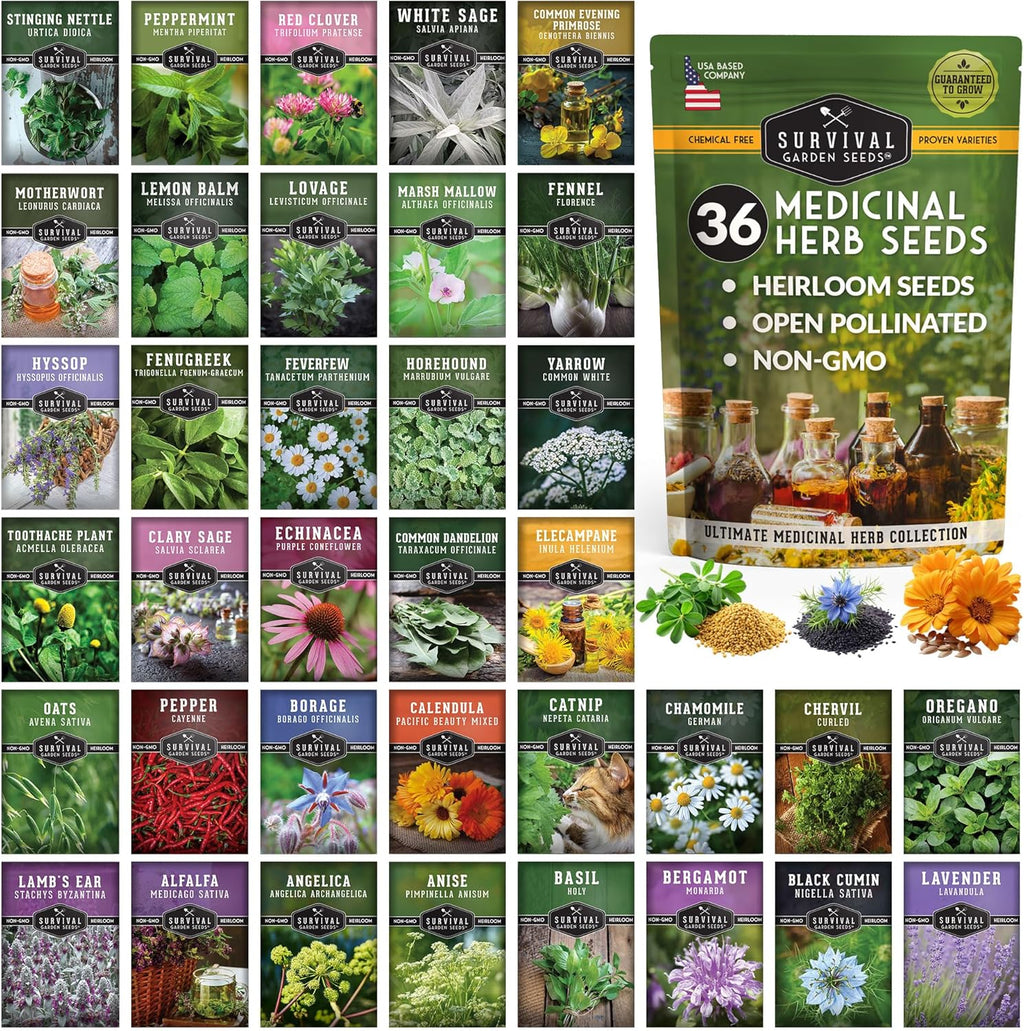 Ultimate Medicinal Herb Seeds Variety Pack – 36 Heirloom Varieties, 28,000+ Lavender, Calendula, Echinacea, Peppermint, Yarrow – Non-GMO Garden Kit by Survival Garden Seeds