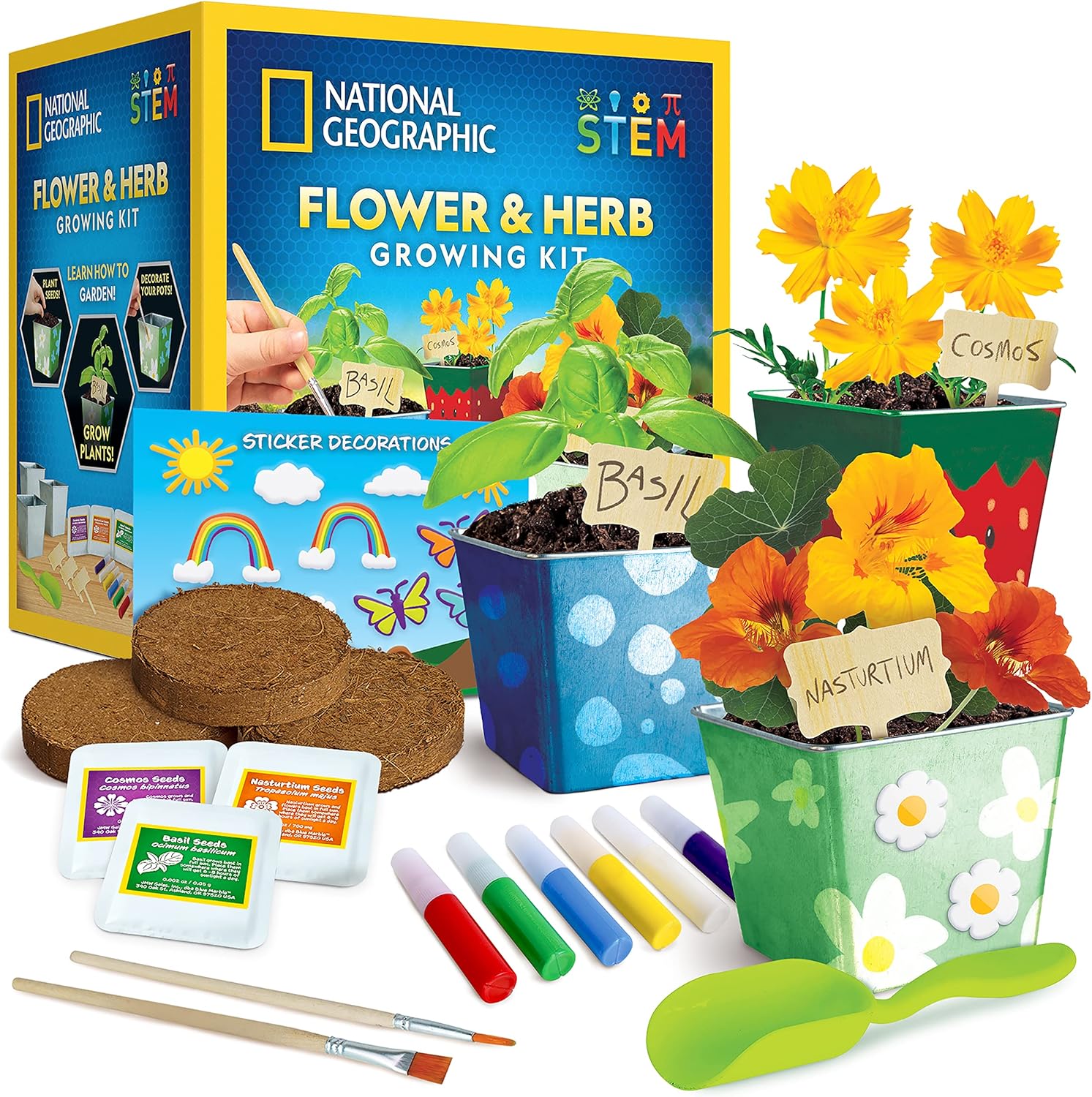 National Geographic Flower & Herb Gardening Kit for Kids - Gardening Set with 3 Stainless Steel Pots, Paint & Stickers, Kids Plant Growing Kit