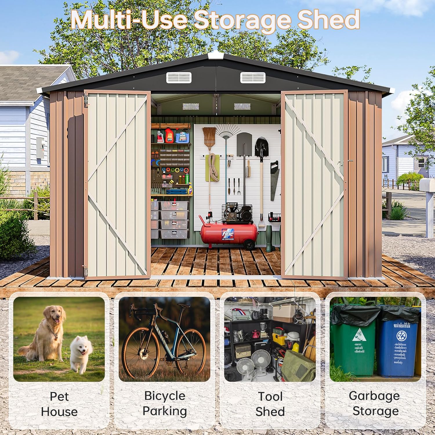 10x10 FT Outdoor Storage Shed, Utility Steel Tool Shed with Lockable Door and Air Vents, Galvanized Metal Shed for Garden Backyard Patio Lawn (10'x10', Brown)