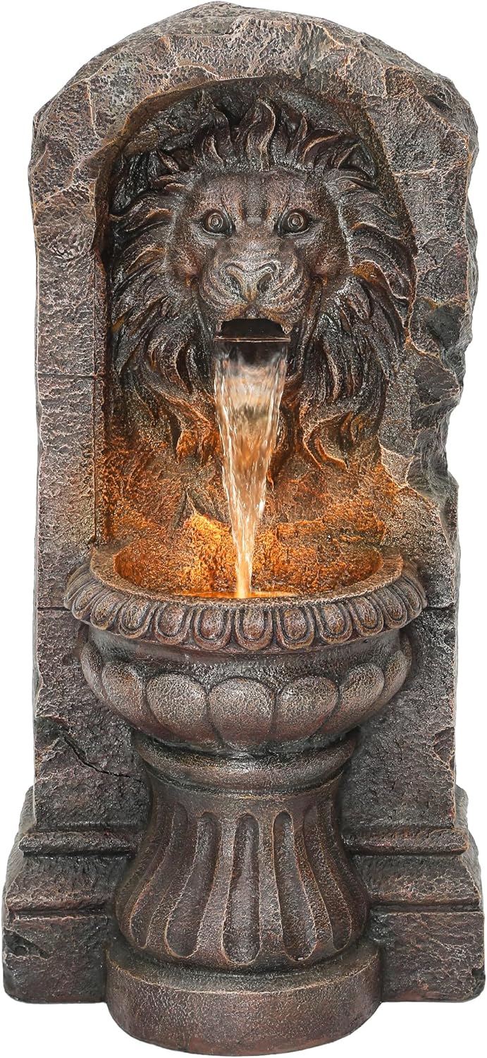 30" Lion Head Outdoor Water Fountain with LED Lights, 2-Tier Resin Garden Fountain, Tranquil Cascading Waterfall for Patio Yard Deck or Porch, Faux Bronze Finish, Weather-Resistant