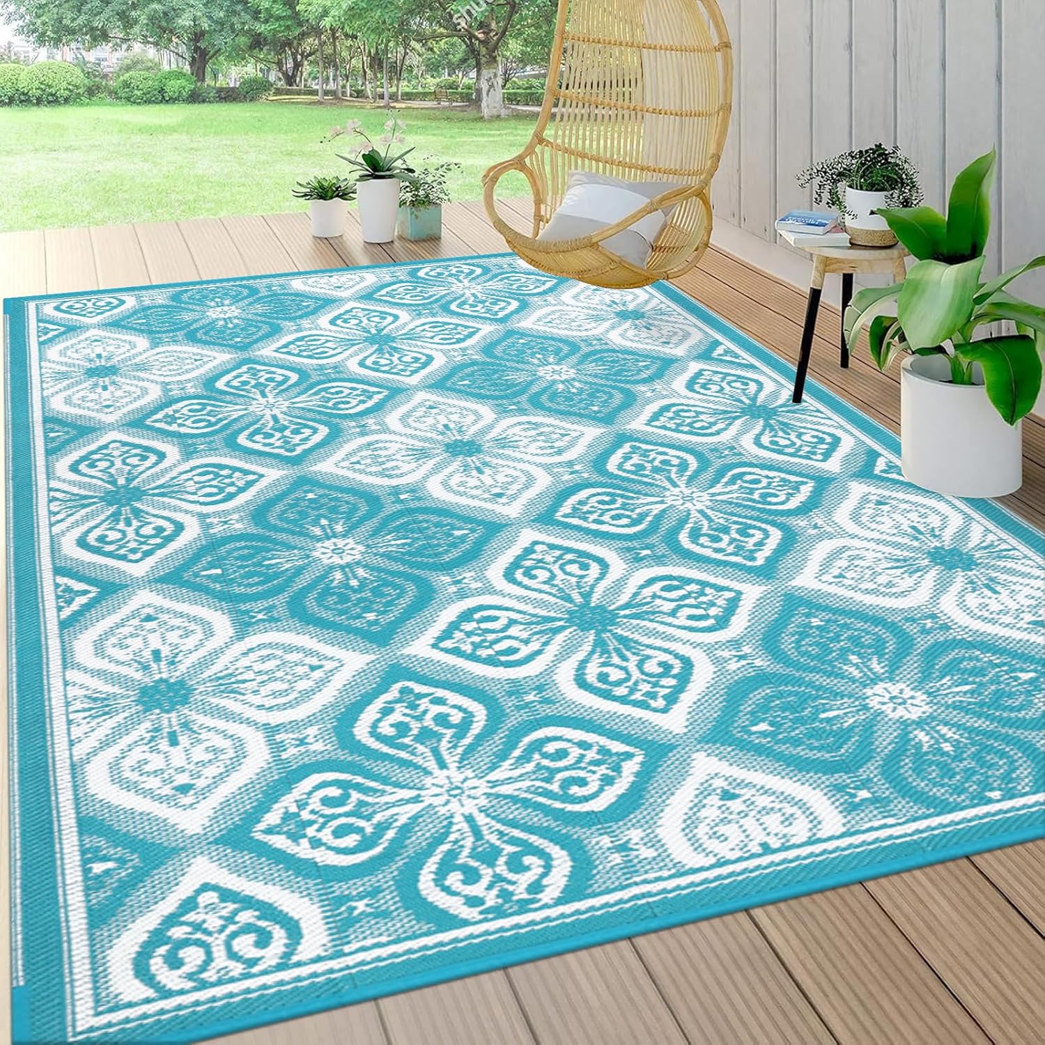Pauwer Waterproof Outdoor Rug 6x9, Reversible Plastic Straw Patio Camping Rug, Indoor Outdoor RV Mat Carpet for Deck, Camper, Porch, Balcony, Backyard, Picnic, Clover Teal