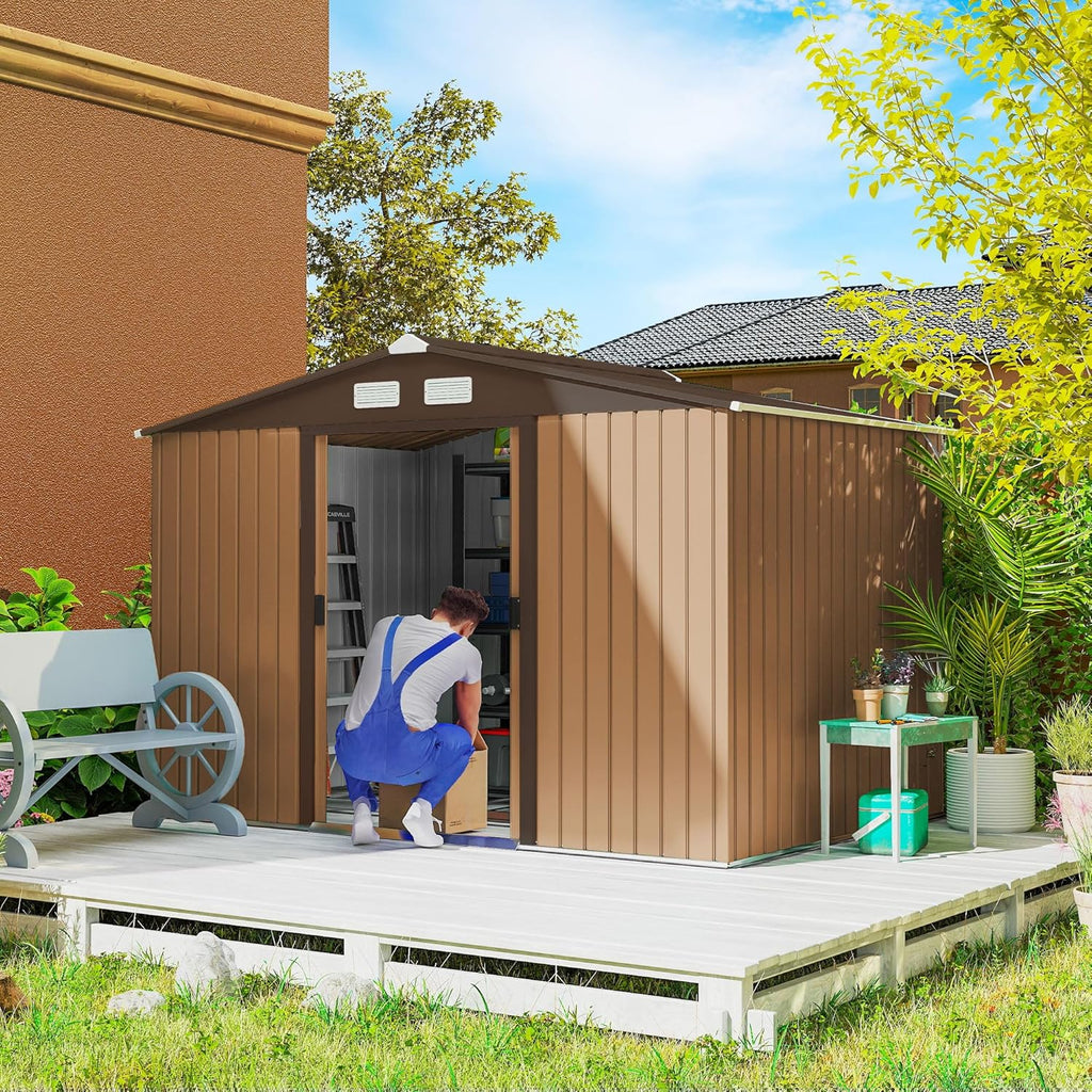 Outsunny 9' x 6' Outdoor Storage Shed, Garden Tool Metal Shed with Foundation Kit, Double Lockable Door, Air Vents and Sloping Roof, for Backyard, Patio, Lawn, Yellow