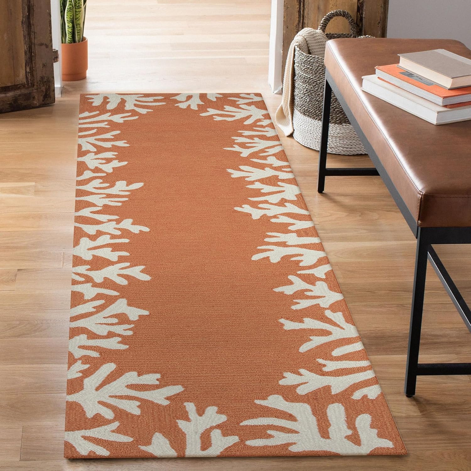 Liora Manne CAPRI Indoor/Outdoor Handmade Synthetic Blend Durable Area Rug - Traditional Border Coastal Beach Accent (Coral Border Coral) (2' x 8')