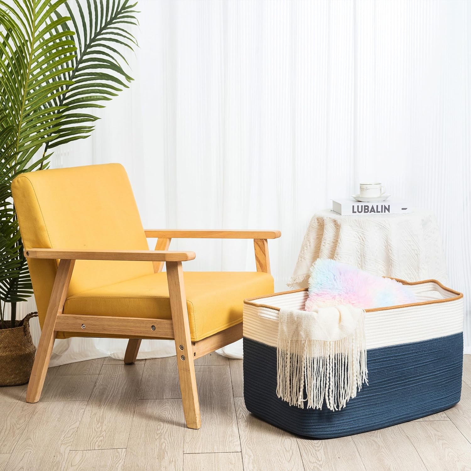 MINTWOOD Design 22in Extra Large Blanket Basket Holder Living Room, Rectangle Rope Woven Storage Basket with Handles for Laundry, Pool Towels, and Shoes, Dog Toy Organizer Bin Box, Prussian Blue