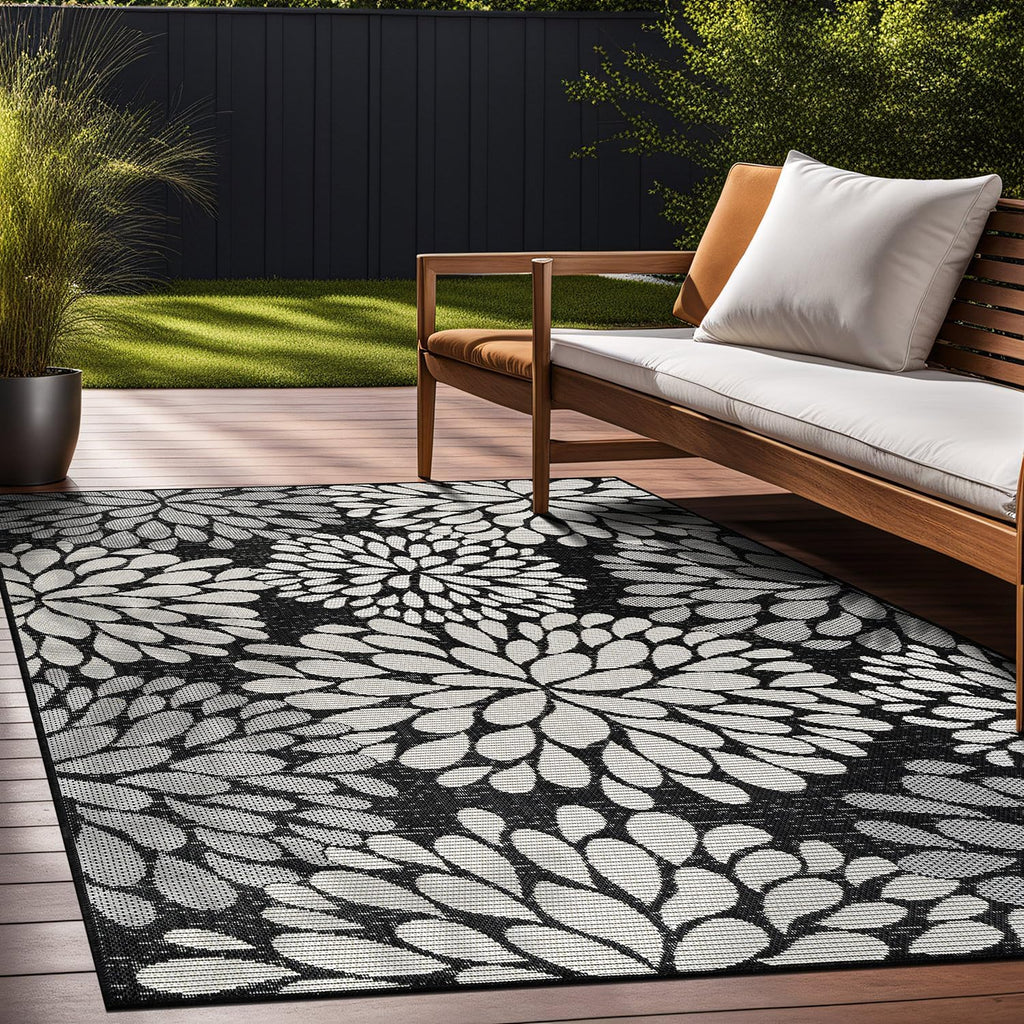 Beverly Rug Outdoor Rug 8x10 Modern Exotic Tropical Leaf Area Rugs for Indoor and Outdoor Patio Deck Porch Garden Water Resistant Washable Outside Carpet (8 x 10 Dark Gray)
