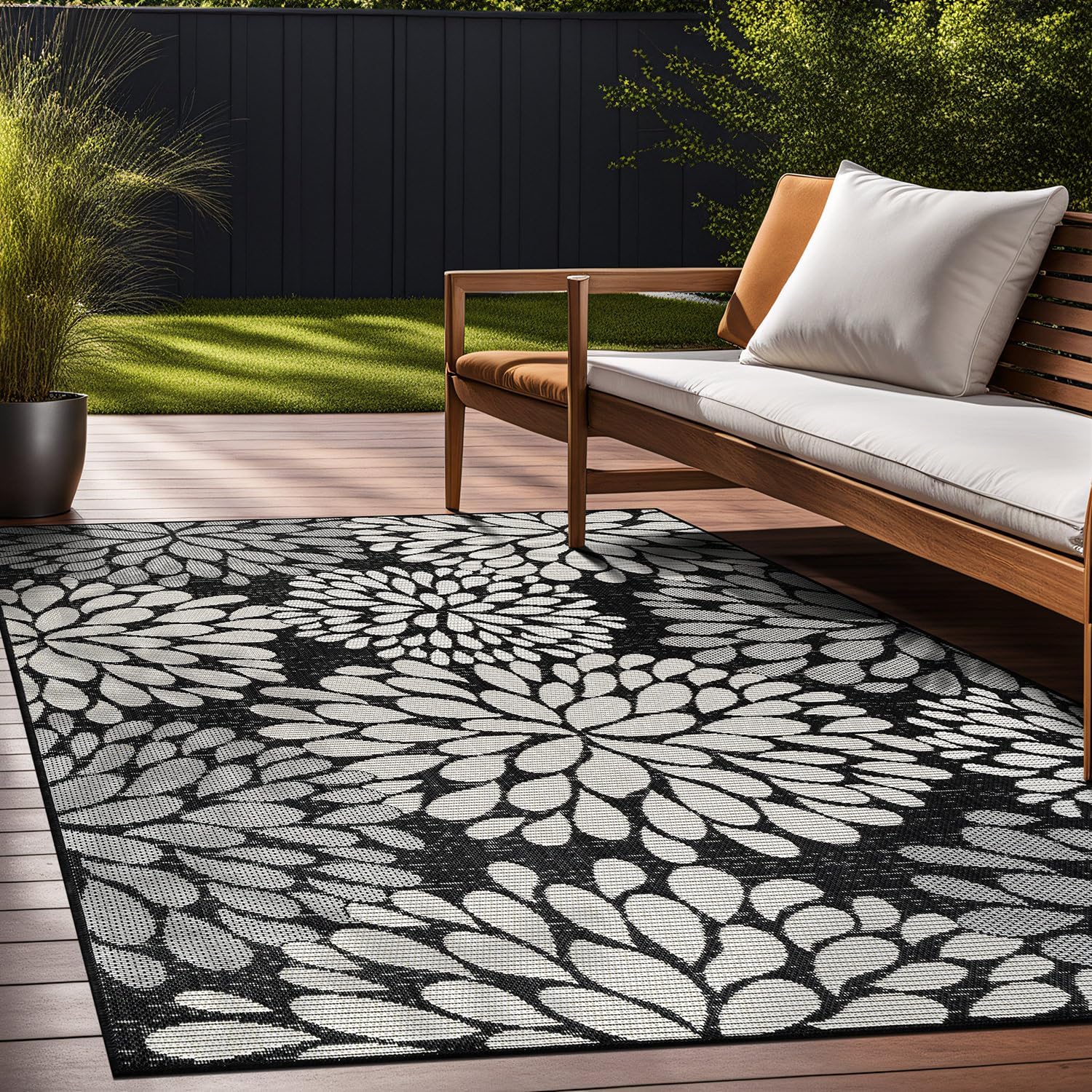 Beverly Rug Outdoor Rug 8x10 Modern Exotic Tropical Leaf Area Rugs for Indoor and Outdoor Patio Deck Porch Garden Water Resistant Washable Outside Carpet (8 x 10 Dark Gray)