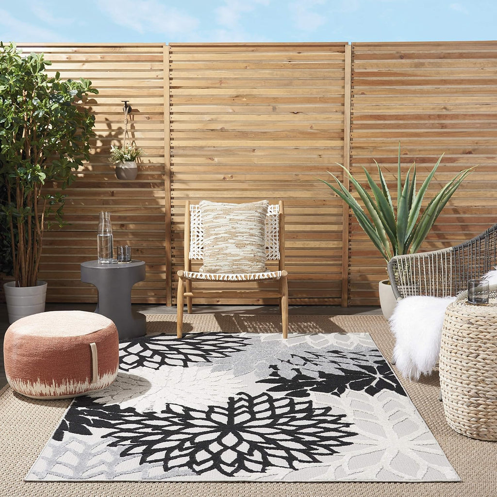 Nourison Aloha Indoor/Outdoor Black White 5'3" x 7'5" Area Rug, Tropical, Botanical, Easy Cleaning, Non Shedding, Bed Room, Living Room, Dining Room, Deck, Backyard, Patio (5x7)