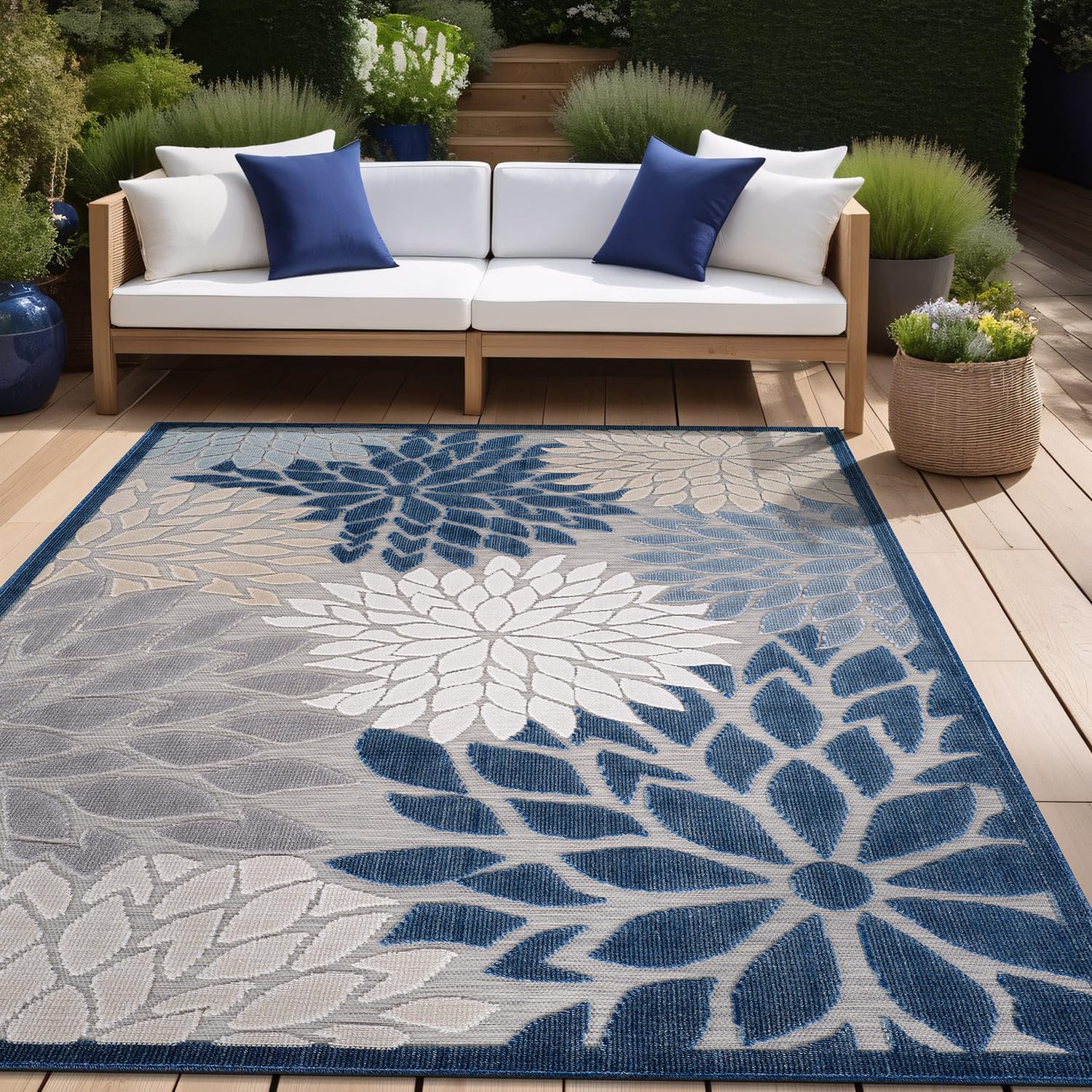 Beverly Rug Outdoor Rug 10x14 Large Modern Floral Tropical Area Rugs for Indoor and Outdoor Patio Easy to Clean Non Shedding Living Room Porch Garden Washable Outside Carpet (10 x 14 Blue)