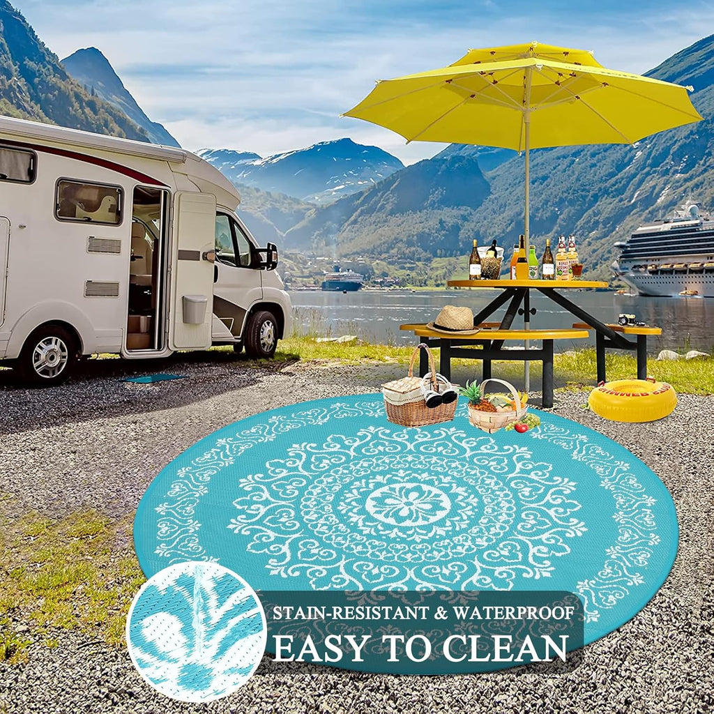 Pauwer Waterproof Outdoor Rug 6ft, Reversible Plastic Straw Patio Camping Rug, Indoor Outdoor RV Mat Carpet for Deck, Camper, Porch, Balcony, Backyard, Picnic, Floral Teal