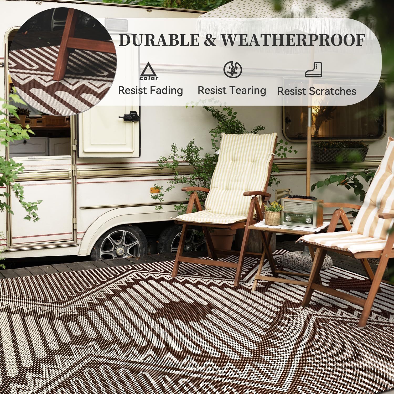 MontVoo Outdoor Rug-Waterproof Camping Rug Patio Rug Mat 6x9 Reversible Plastic Straw Outside Outdoor Rug for RV Camping Picnic Balcony Backyard Pool Deck Porch Modern Boho Beige Brown