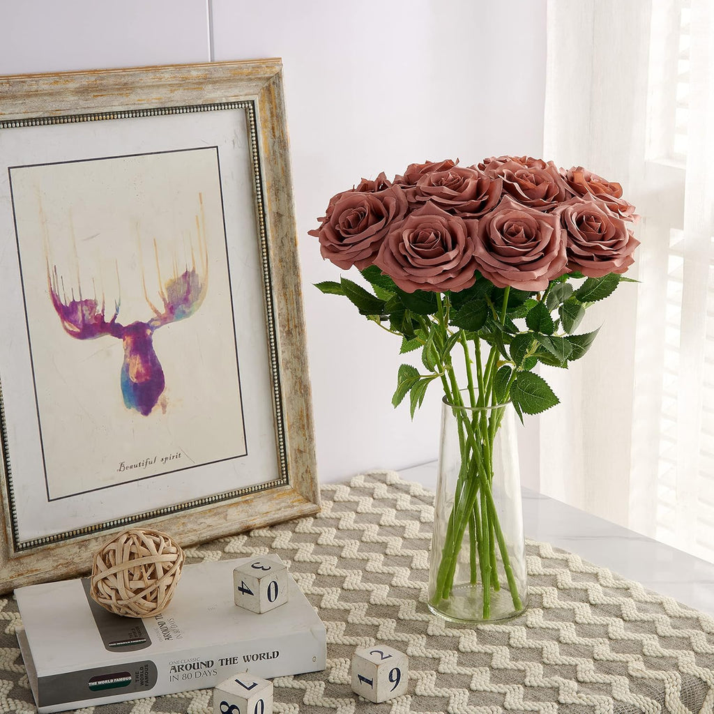 Artificial Rose 10pcs Open Flower Bouquet Faux Rose Stems for Wedding Arrangement, Bridal Bouquet, Centerpiece, Fake Faux Silk Flowers (Dusty Rose)