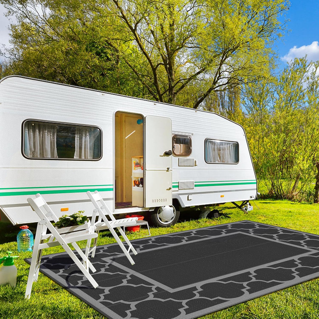 GENIMO 10 ' x 14 ' Outdoor Rug Waterproof for Patio Decor, Foldable Reversible Plastic Straw Area Rugs Mat for Camper, Outside Carpet for Rv, Deck, Porch, Picnic, Beach, Balcony, Black & Grey
