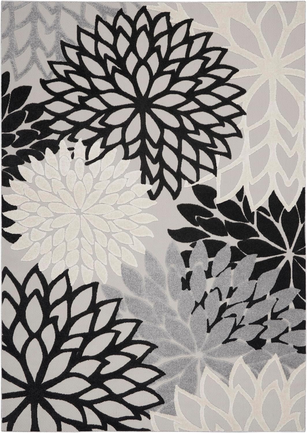Nourison Aloha Indoor/Outdoor Black White 9' x 12' Area Rug, Tropical, Botanical, Easy Cleaning, Non Shedding, Bed Room, Living Room, Dining Room, Deck, Backyard, Patio (9x12)