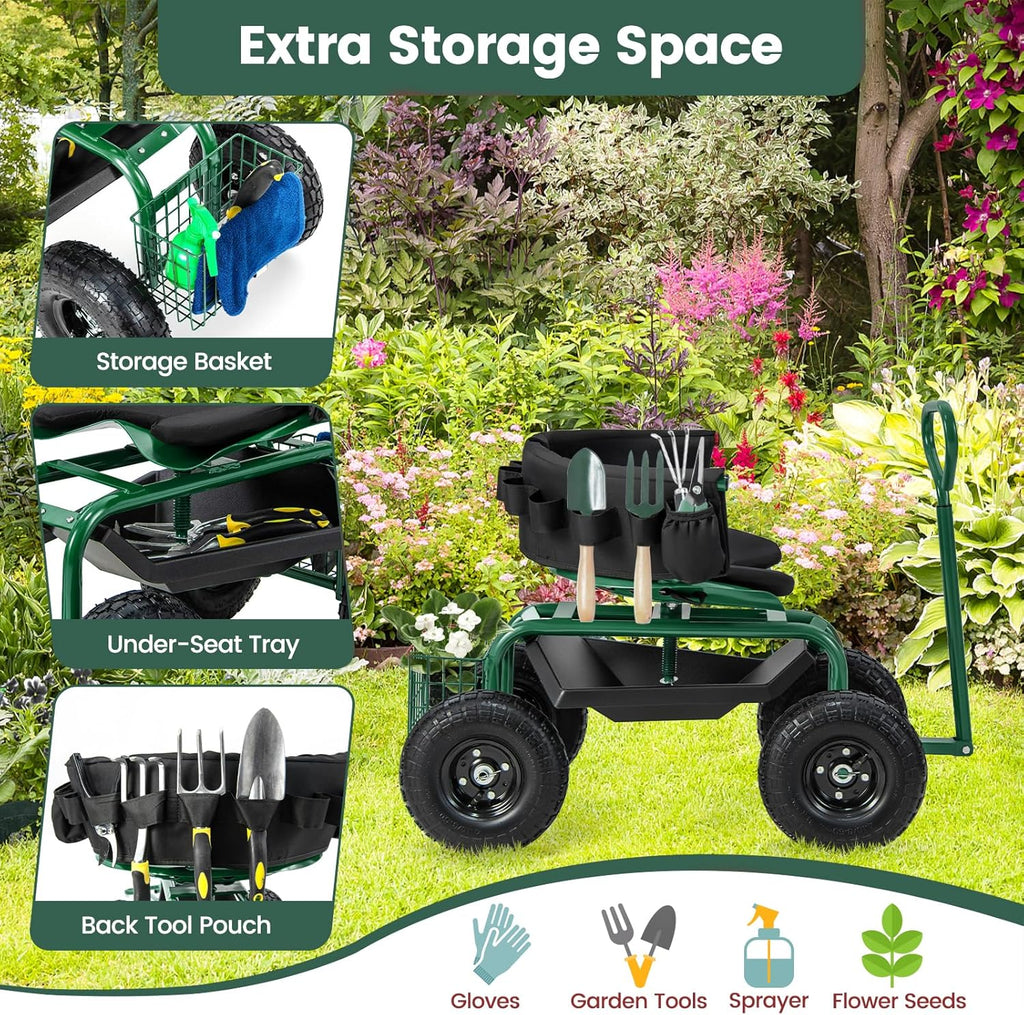Goplus Garden Seat with Wheels, Rolling Gardening Stool with Adjustable 360° Swivel Seat, Tool Tray & Storage Basket, Extendable Handle, Outdoor Gardening Scooter, Garden Cart Workseat for Seniors