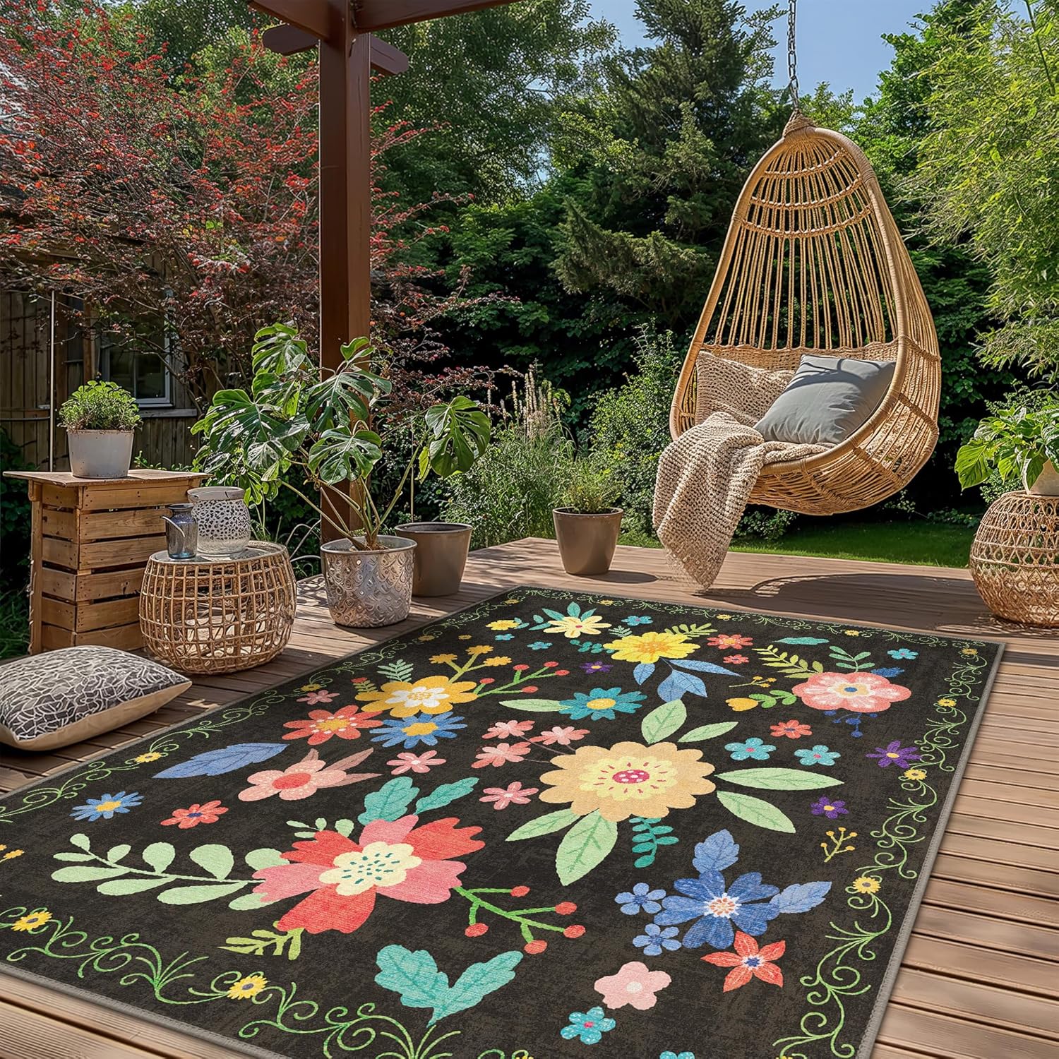 GENIMO Indoor Outdoor Area Rug 5' X 7' Waterproof, Washable Patio Rug Non Shedding, Easy Cleaning Floral Outdoor Carpet for Living Room, Bedroom, Dining Room, Balcony, Backyard, Deck, RV, Black