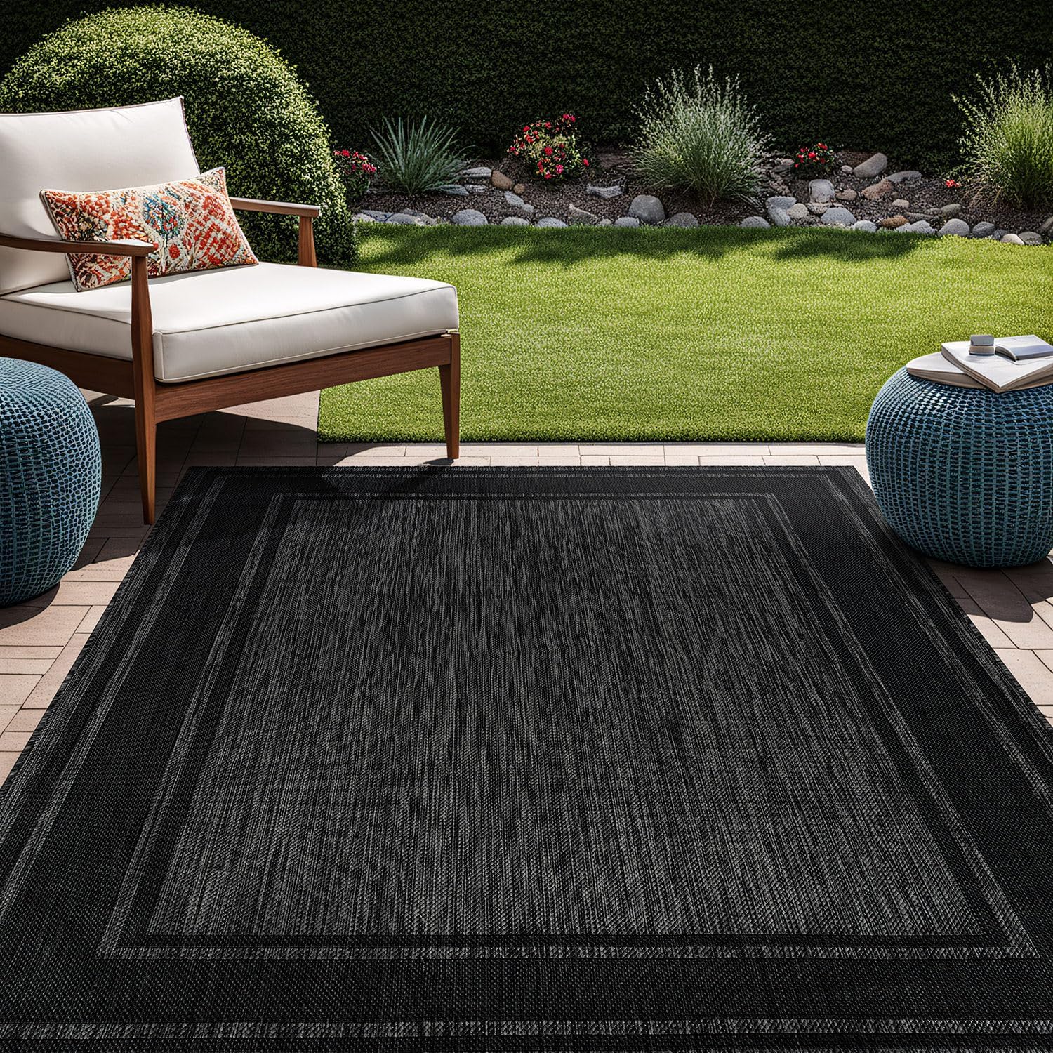 Beverly Rug Large Outdoor Rug 10x14 Modern Bordered Area Rugs for Indoor and Outdoor Patio Deck Porch Garden Waterproof Weather Sun Resistant Washable Outside Carpet (10 x 14 Black)