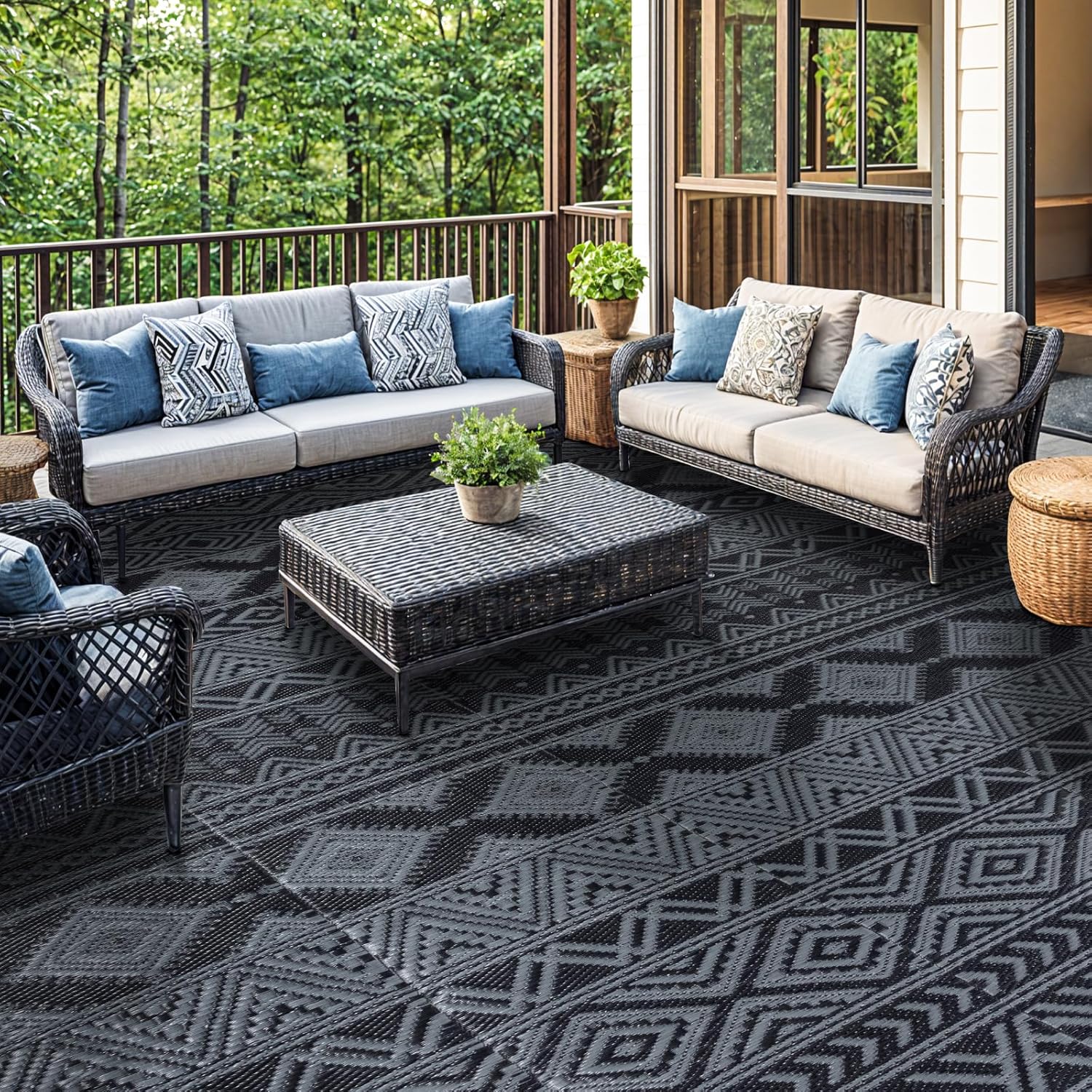 8'x10' Reversible Outdoor Rug - Eco-Friendly Plastic Straw Rug-Heavy-Duty Waterproof Mat, UV & Fade Resistant for Patio, Camping, RV, Deck, Balcony(8x10,Black&Gray)